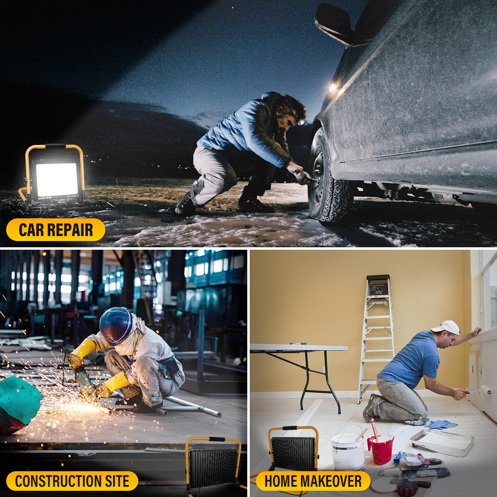 RIGIDON 200W led baustrahler, 20000lm tragbarer led arbeitsscheinwerfer | 3 meter kabel, strahler, arbeitsstrahler, stecker, IP66, 6000K weiß, bauscheinwerfer, für werkstatt baustelle garage garten