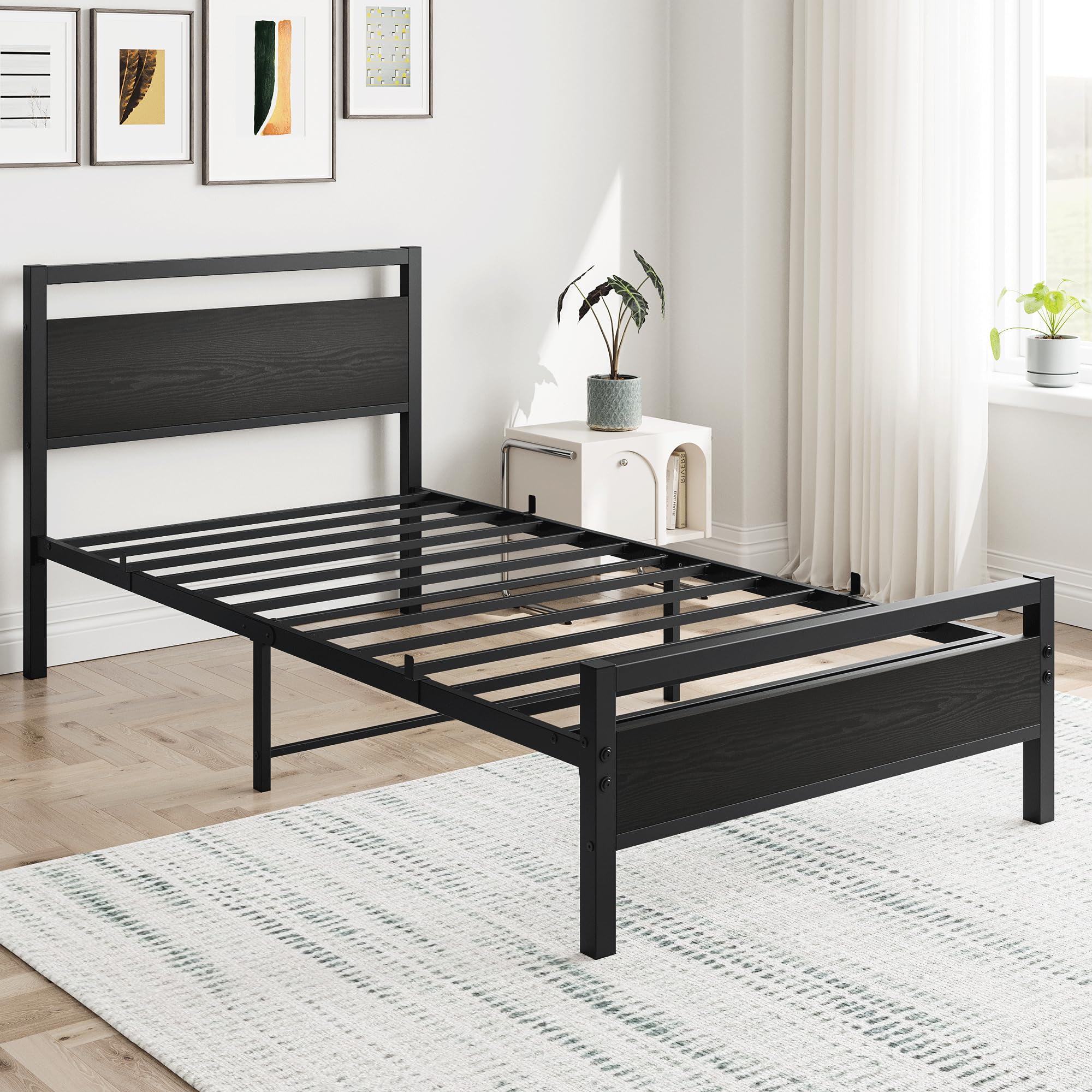 HOJINLINERO Bettgestell 90 x 200 Bettrahmen aus Metall Holz,Einzelbett Bettgestell Metallbett 90x200 mit Lattenrost,Gästebett Jugendbett 90x200 mit Stauraum,Stauraumbett Bed Frame Schwarz