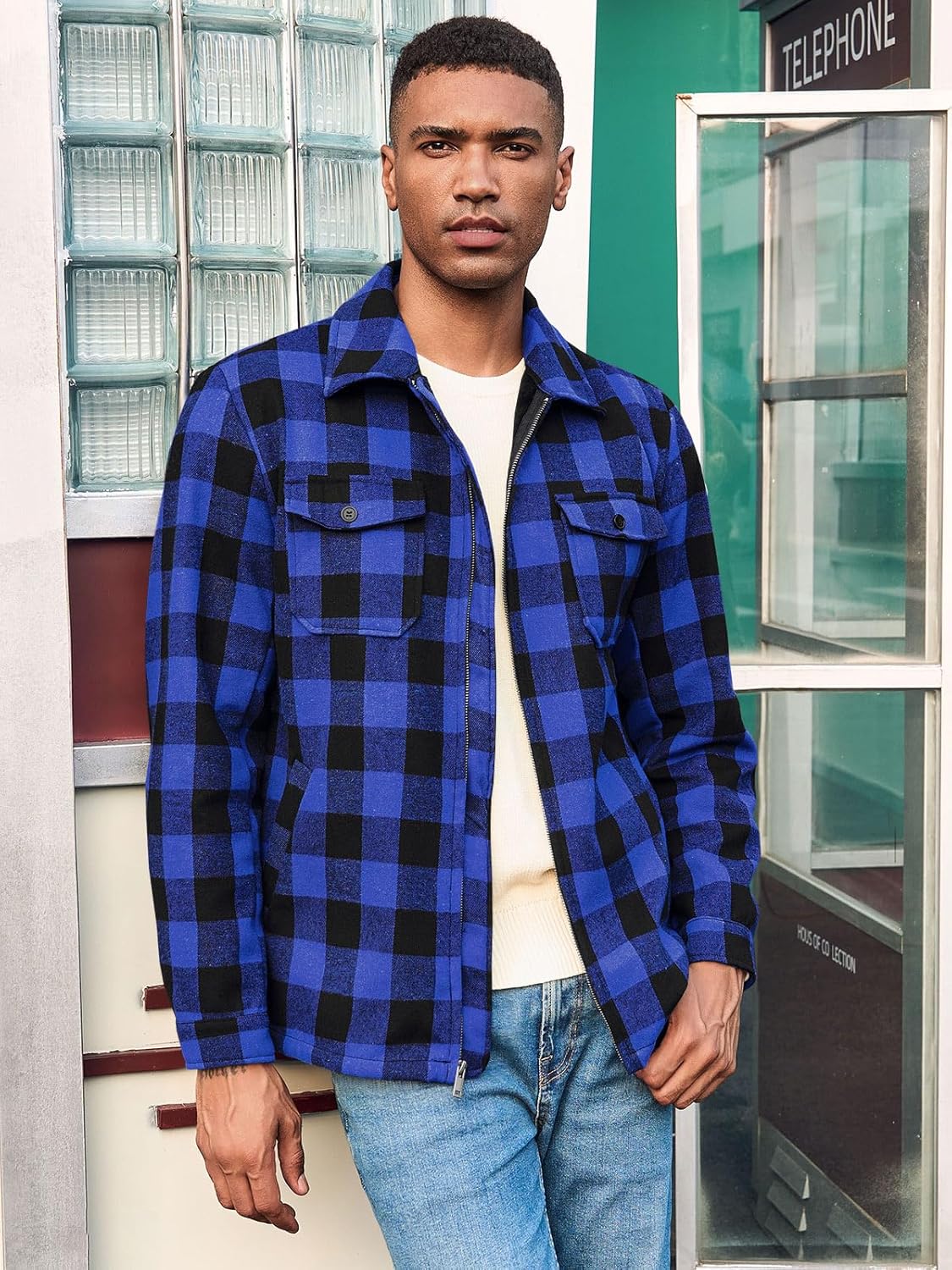 Mens Fleece Jacket Sherpa Lined Zip Up Buffalo Plaid Flannel Coat Casual Long Sleeve Warm Fall Winter Outwear - Image 4