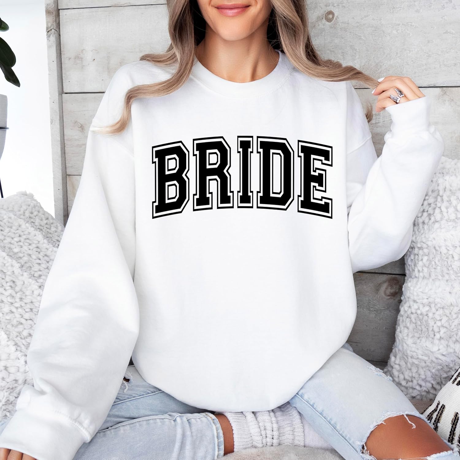 Olive Loves Apple Bride Varsity Letters Sweatshirt for Bride Bridal Shower Gift Outfit
