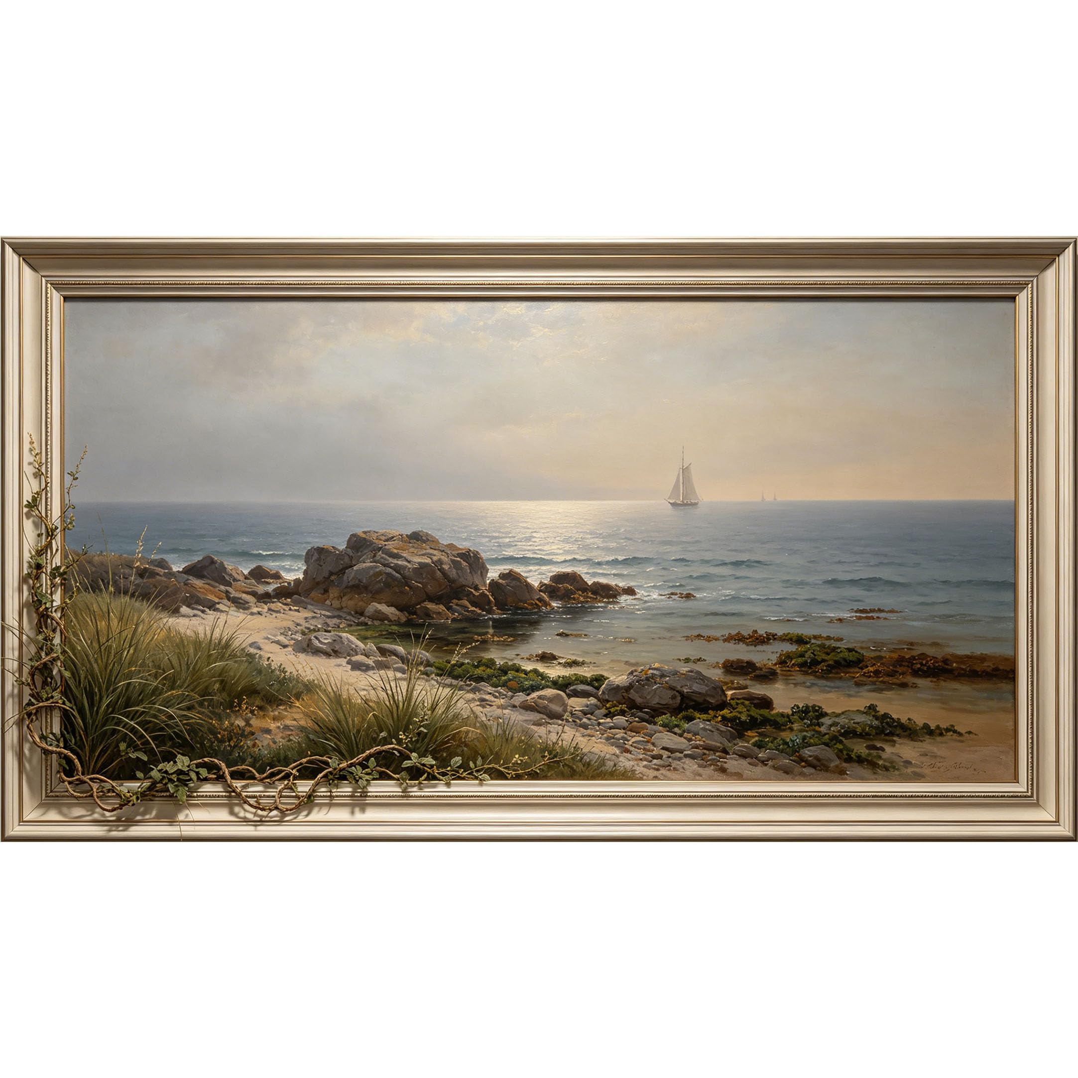 QZLITHOTIC 50×100cm 3D Framed Wall Art， Coastal Seaside Landscape Sailboat Ocean View Self?Adhesive Mural， Water?Activated Peel & Stick Fabric Decor Wall Decal for Bedroom Living Room
