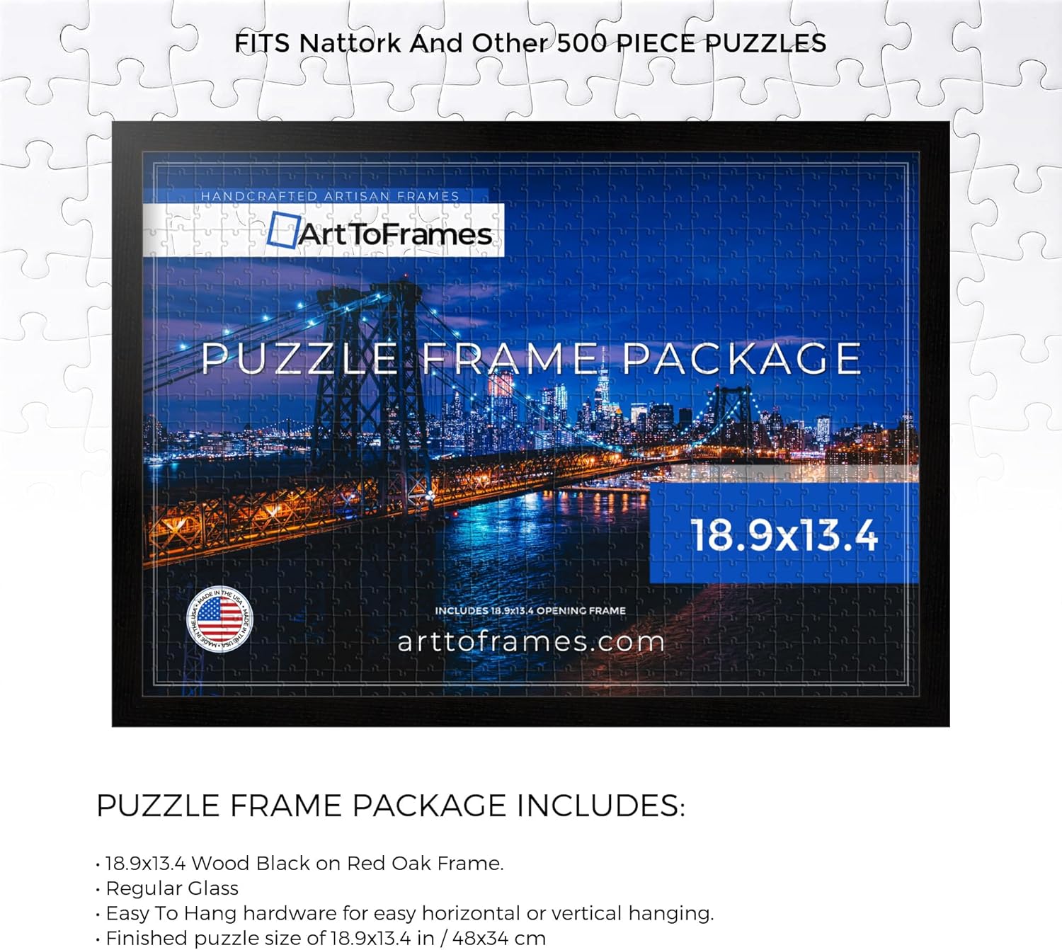 ArtToFrames 18.9x13.4 INCH/48x34 CM Black Frame for 500 Piece Puzzles.This 0.75 Inch Custom Wood Puzzle Frame is Black - Comes with Regular Glass (Puzzle0066-1343-YBLK-18.9x13.4)
