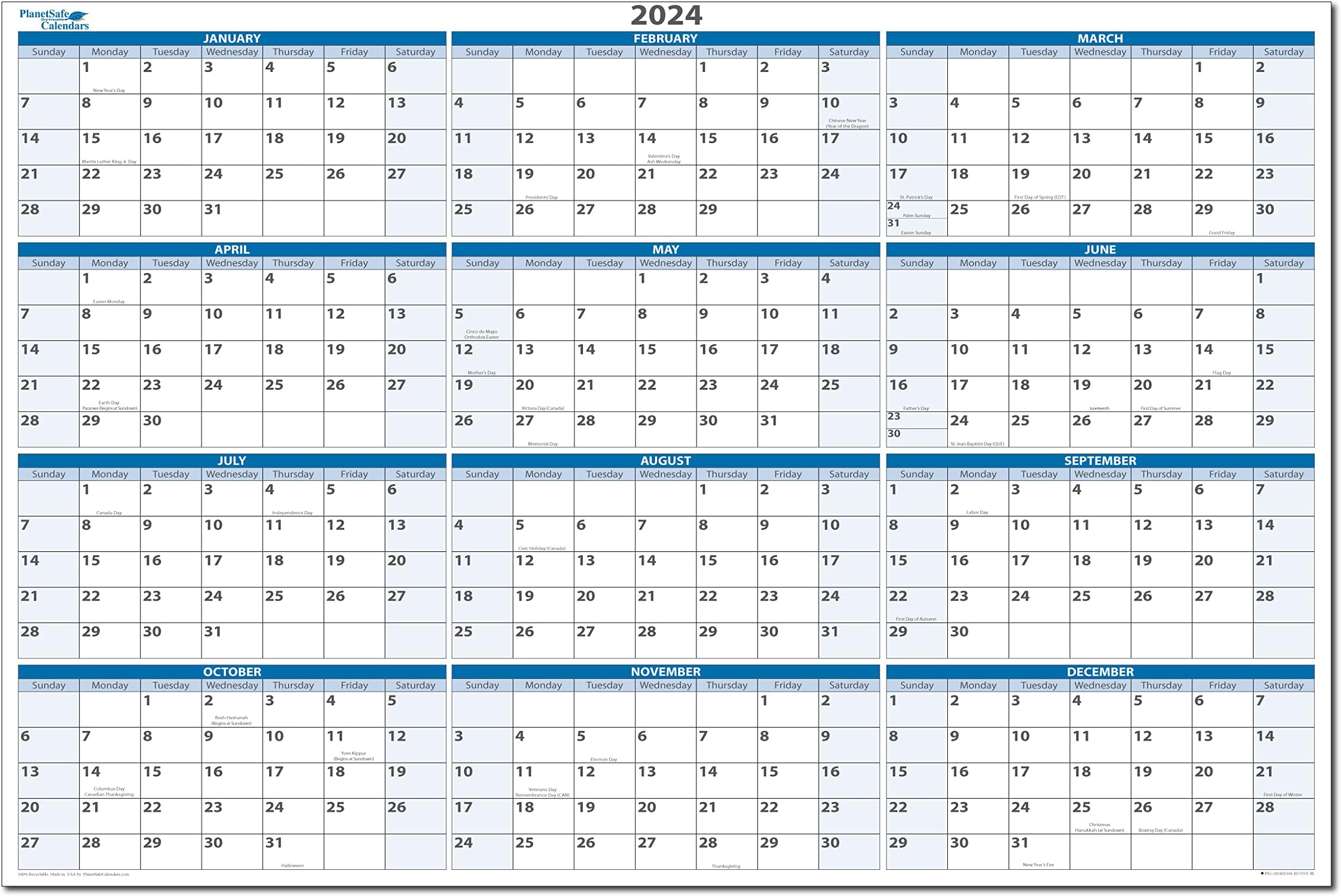 PlanetSafe Calendars 2024 Annual 24" tall x 36" wide 12-Month ...