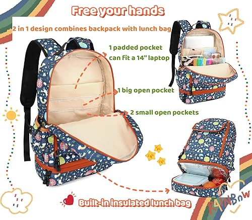 Miniatura 6 de Leaper Linda mochila escolar para niñas, resistente al agua, doble cubierta, aislada, bolsa de almuerzo para mujer, mochila para computadora
