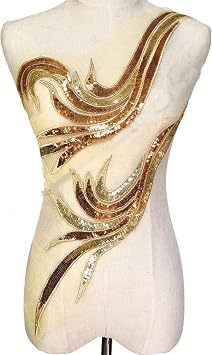 2 Pcs Royal Blue Gold Sequin Lace Fabric Embroidered Gown Appliques Noble Sexy Collar Sew Patches for DIY Wedding Dress Decor Gold