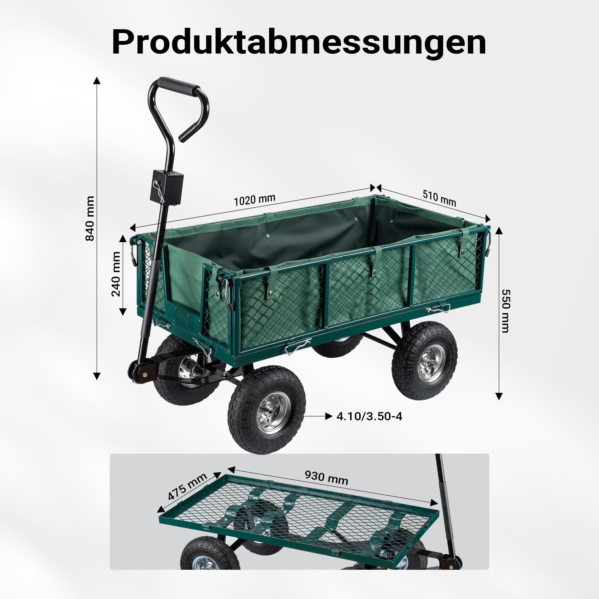 Wiltec Transportwagen bis 300 kg mit Metallgittern, Gartenwagen mit Abnehmbarer Plane, Bollerwagen mit Luftreifen, Handkarren für u. a. Rasen u.Kies