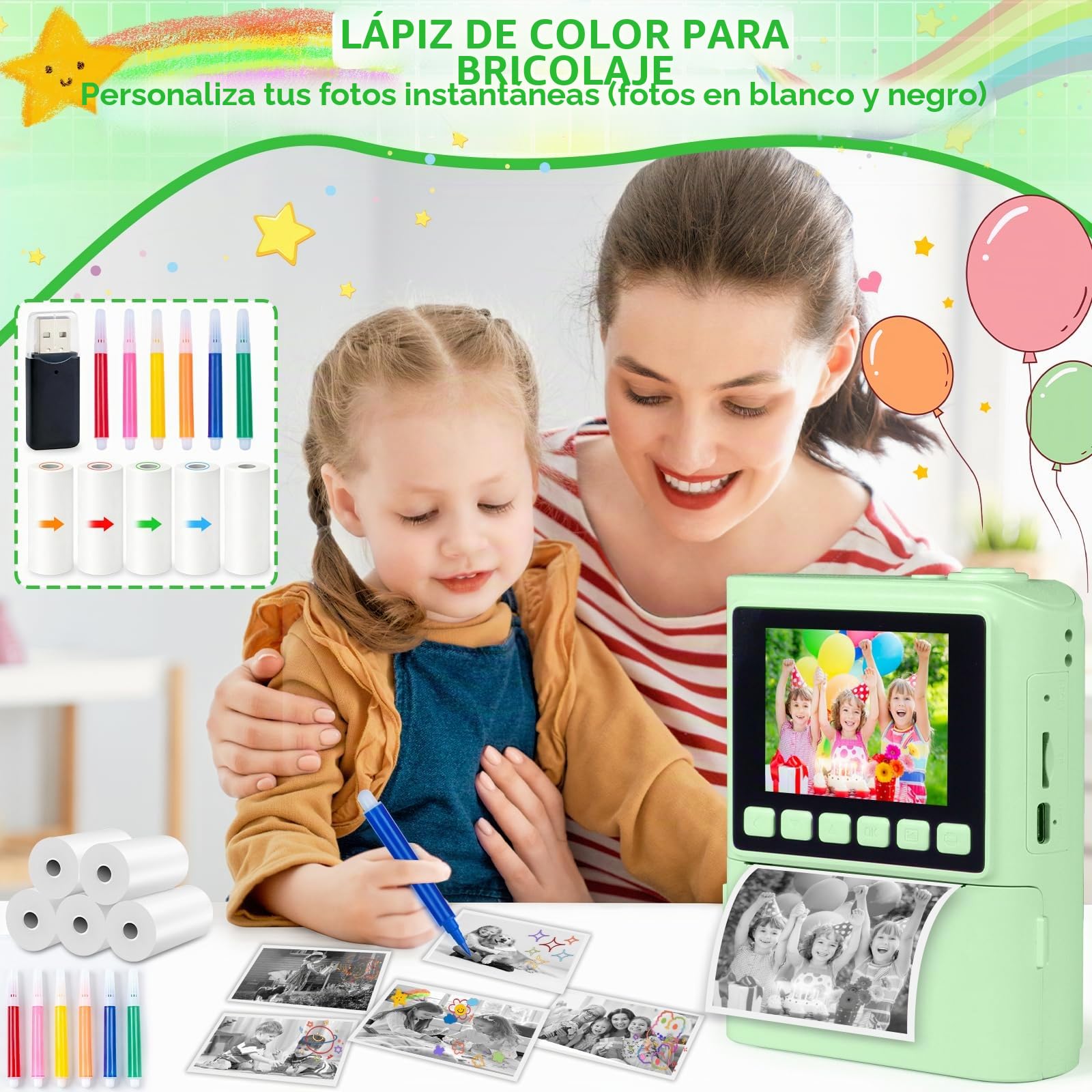 Camara Fotos Infantil Instantanea,1080P Camara Fotos Infantil,2,4 Pulgada con Tarjeta de 32GB y Papel Fotografia,Juguete Cámara Instantánea Regalos para Niños y Niñas de 3-12 Años