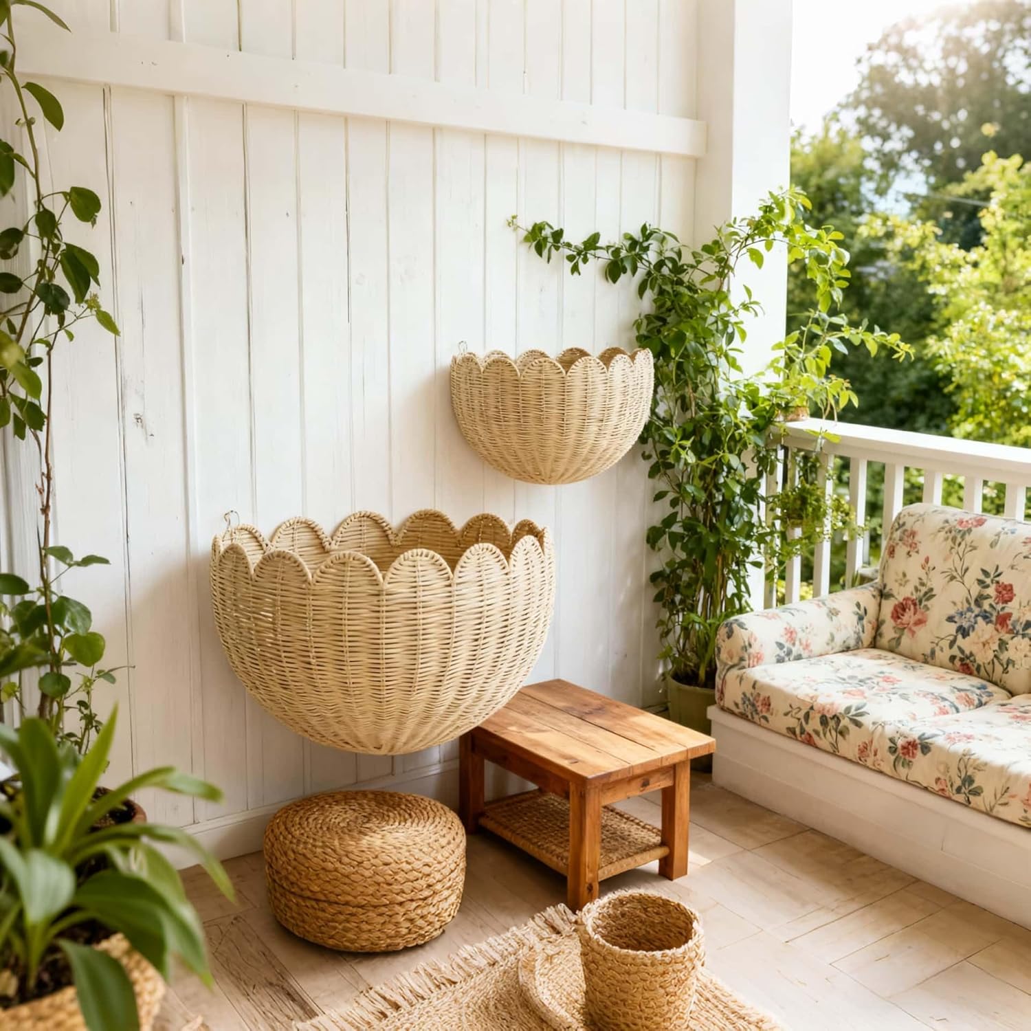 Scalloped Wall Basket,Hand Woven Hanging Wicker Wall Baskets Set, 16 x 10 x 7 & 14 x 8 x 6 Inch Scalloped Rattan Wall Basket Decor for Home,Bathroom,Living Room Organizing