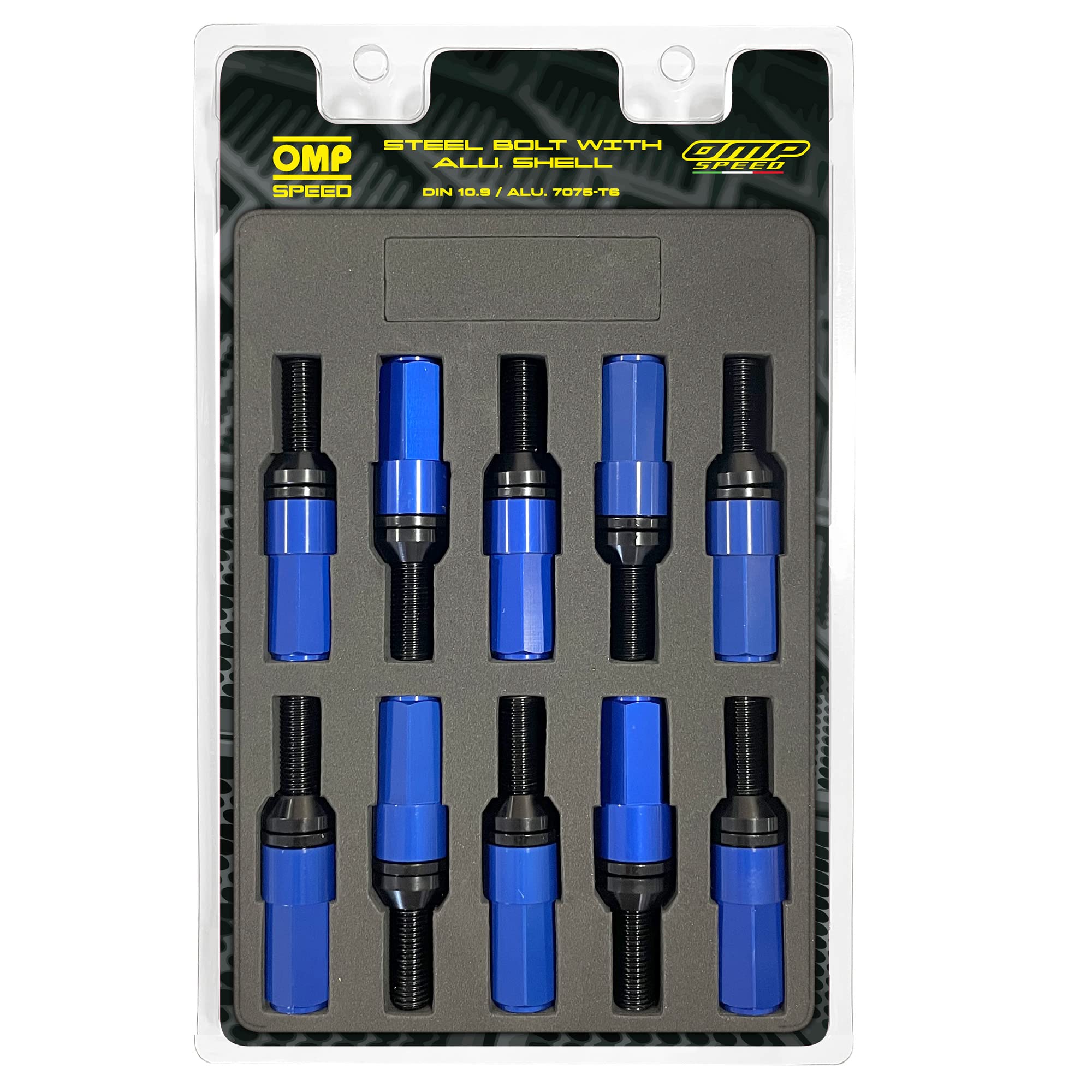 OMP SPEED Set 20 Schwarze Radschrauben mit M14X1.25 Metrisch 17-19 Lang Gewinde 28MM mit Blau Aluminium Protektor 7075 + DIN 12.9