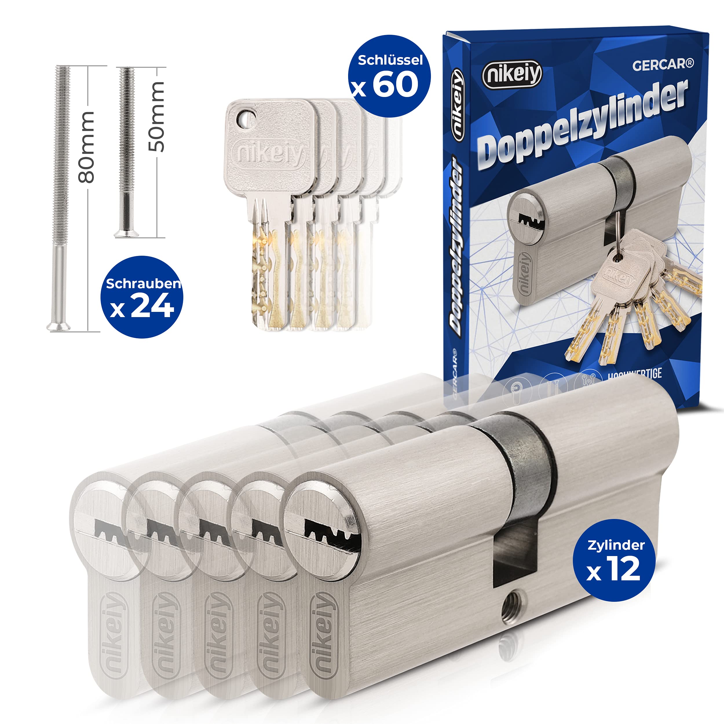 GERCAR Pro 12 cilindros de cierre 30/30 con cierre uniforme, juego de 12 cilindros de perfil con 60 llaves, cerradura de 60 mm, cerradura para puerta de 12 cilindros – Longitud: 60 mm, A: 30 B: 30 –