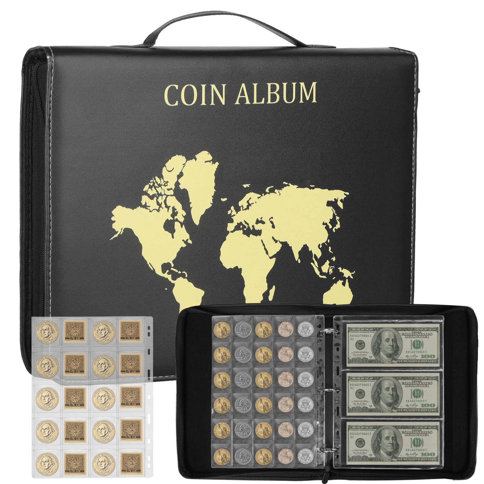 15 PagineTasche Raccoglitore Monete, 35x35mm/45X45mm 400 Porta Monete da Collezione+15 Tasche per Banconote, Raccoglitore da Collezione con Cerniera, Album Portamonete per Euro, Sterlina, Pence