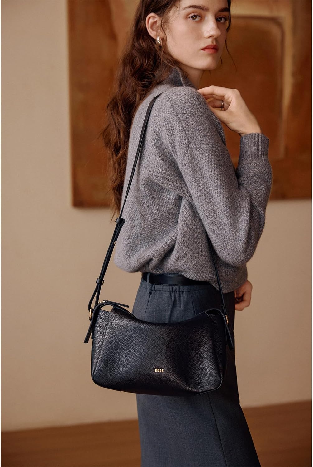 ELLE Genuine Leather Shoulder Bag, Medium - Image 3