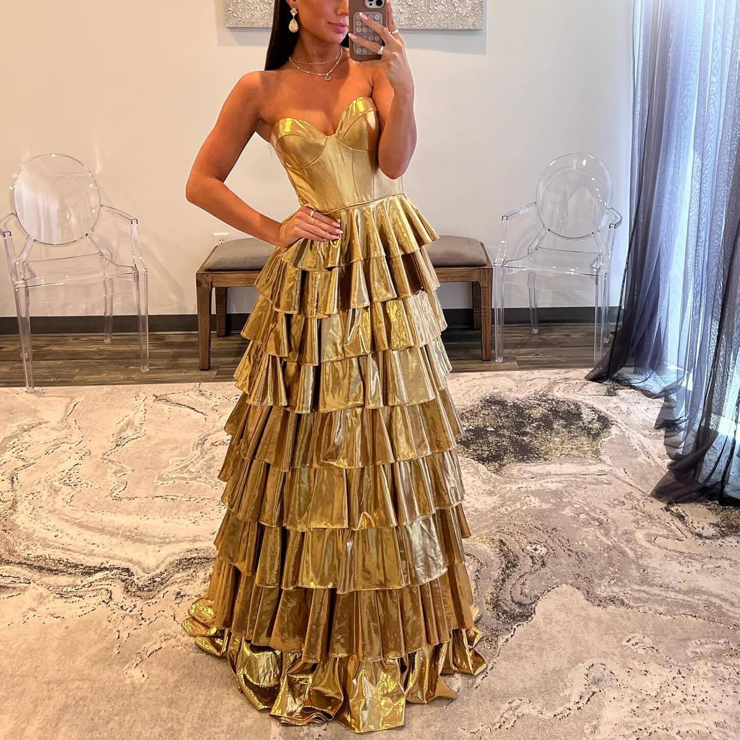 [JUNENTER] マキシイブニングドレス メタリックサテン プロムガウン ティアードロング Aライン 2024 フォーマルパーテ