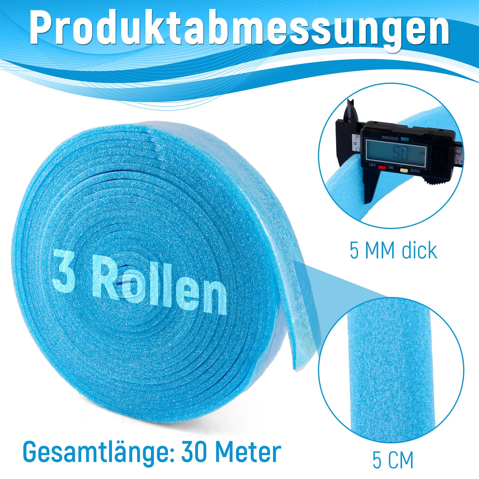 Randdämmstreifen für Ausgleichsmasse Selbstklebend 3er 50mm x 5mm x 10m für Ausgleichsmasse Zur Abdichtung Zwischen Fußbodenheizungsplatten und Wänden Randstreifen, Rissprävention (Blau)
