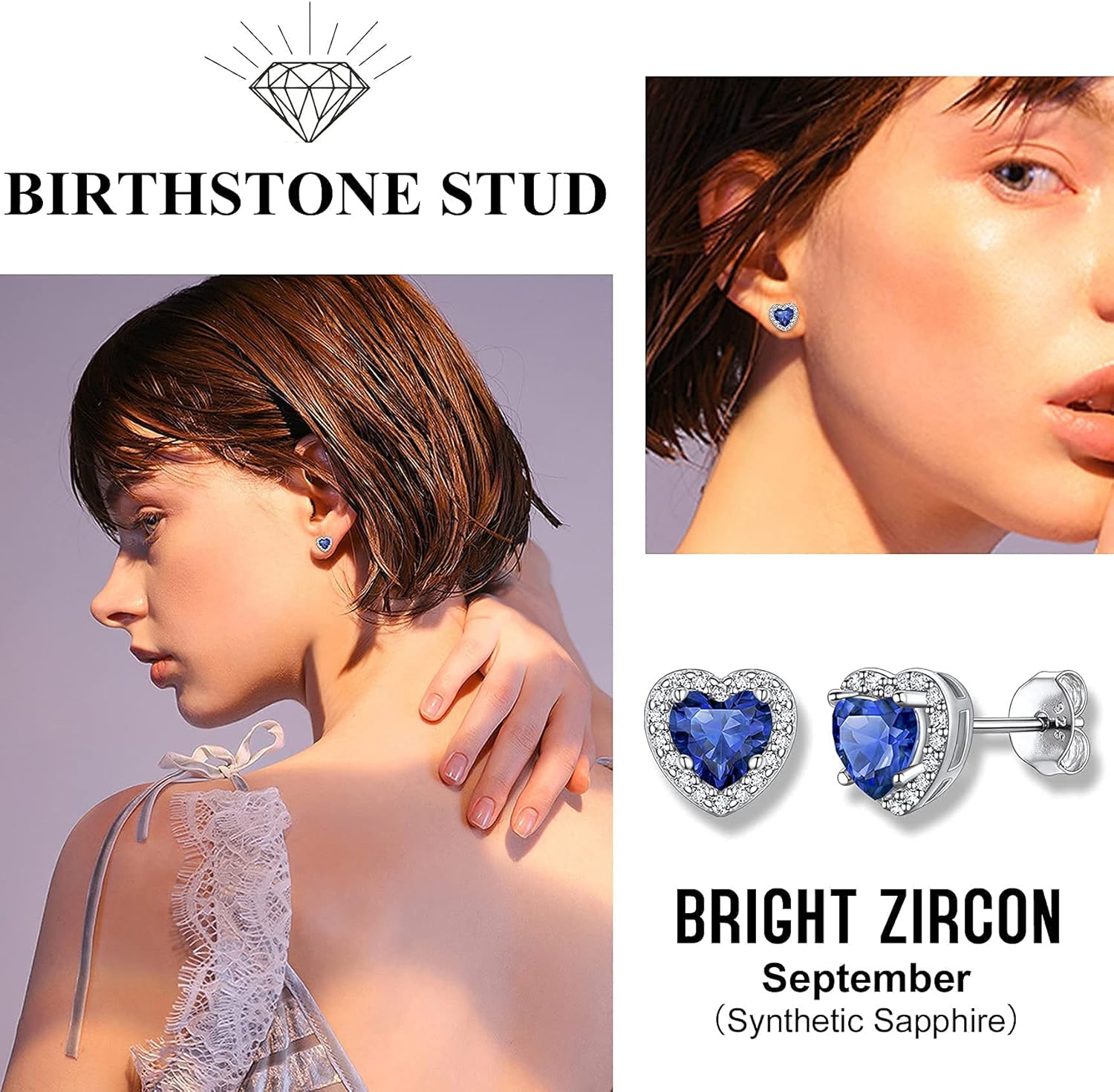 Bestyle Sparkling 925 Sterling Silver Birthstone Stud Earrings for Women, Heart/Round/Teardrop/Square Solitaire Diamond Studs Earrings, Great Birthday/Christmas Gifts