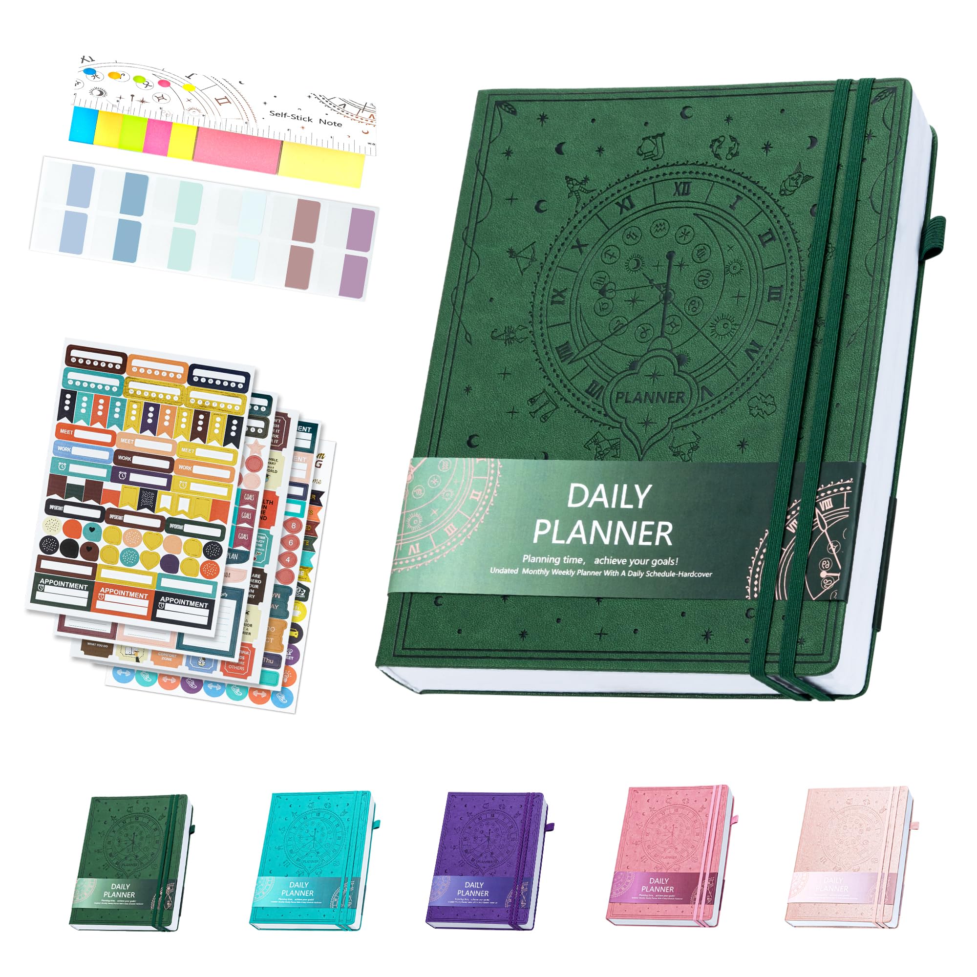 Ospelelf 2025 Leather Undated Daily Planner (8.5 x 11 ''), Weekly & Monthly Life Planner, Organizer Notebook & Productivity Journal A4 Hardcover with Stickers(Green)