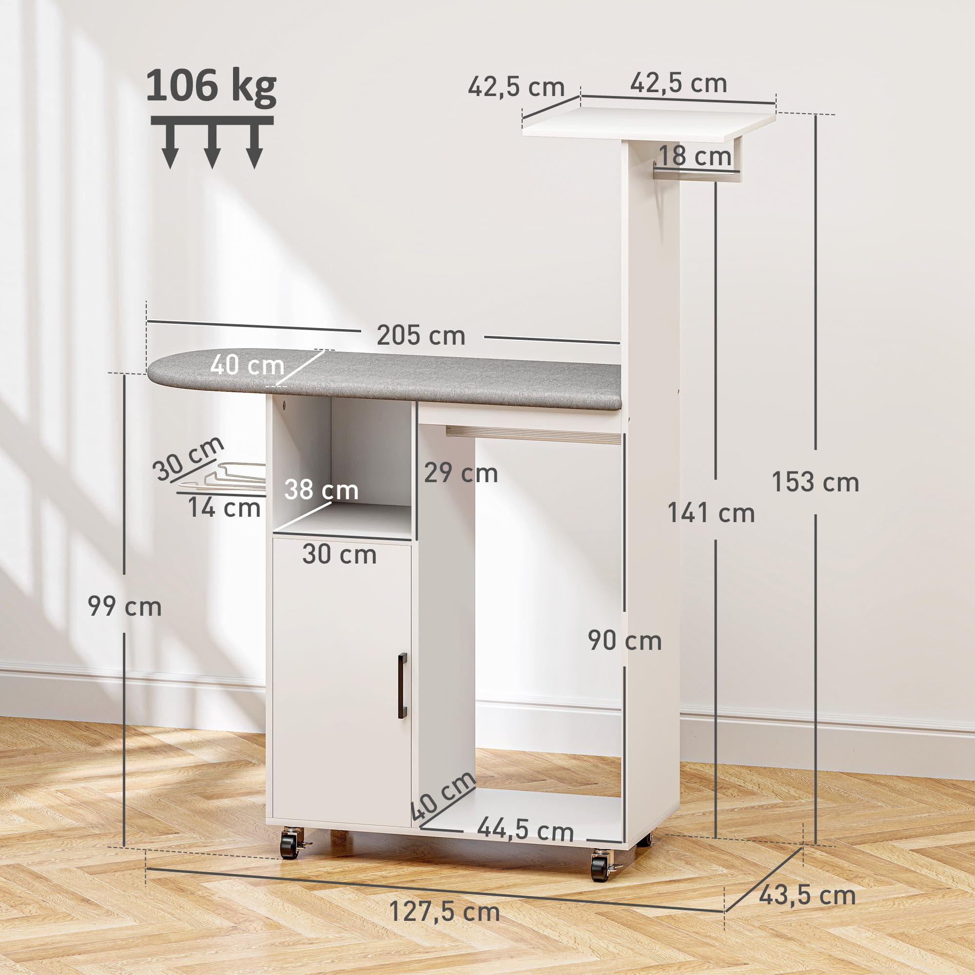 HOMCOM Mueble de Planchar Ruedas Soporte Lateral 127,5x43,5x153 cm Blanco | Mueble de Planchado, Tabla de Planchar, Barra para Ropa, Estante Ajustable