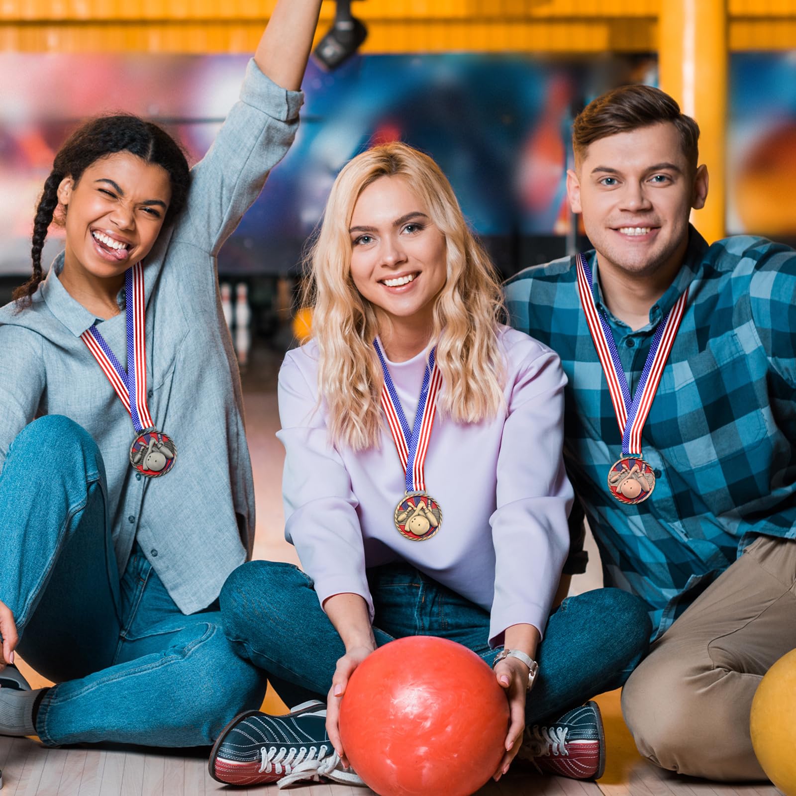Huquary 3 medallas de bolos de 2.5 pulgadas, trofeo de bolos de oro, plata, bronce, medallas de premio con estrellas y rayas, cinta de bandera estadounidense para competiciones, torneo de recuerdo de