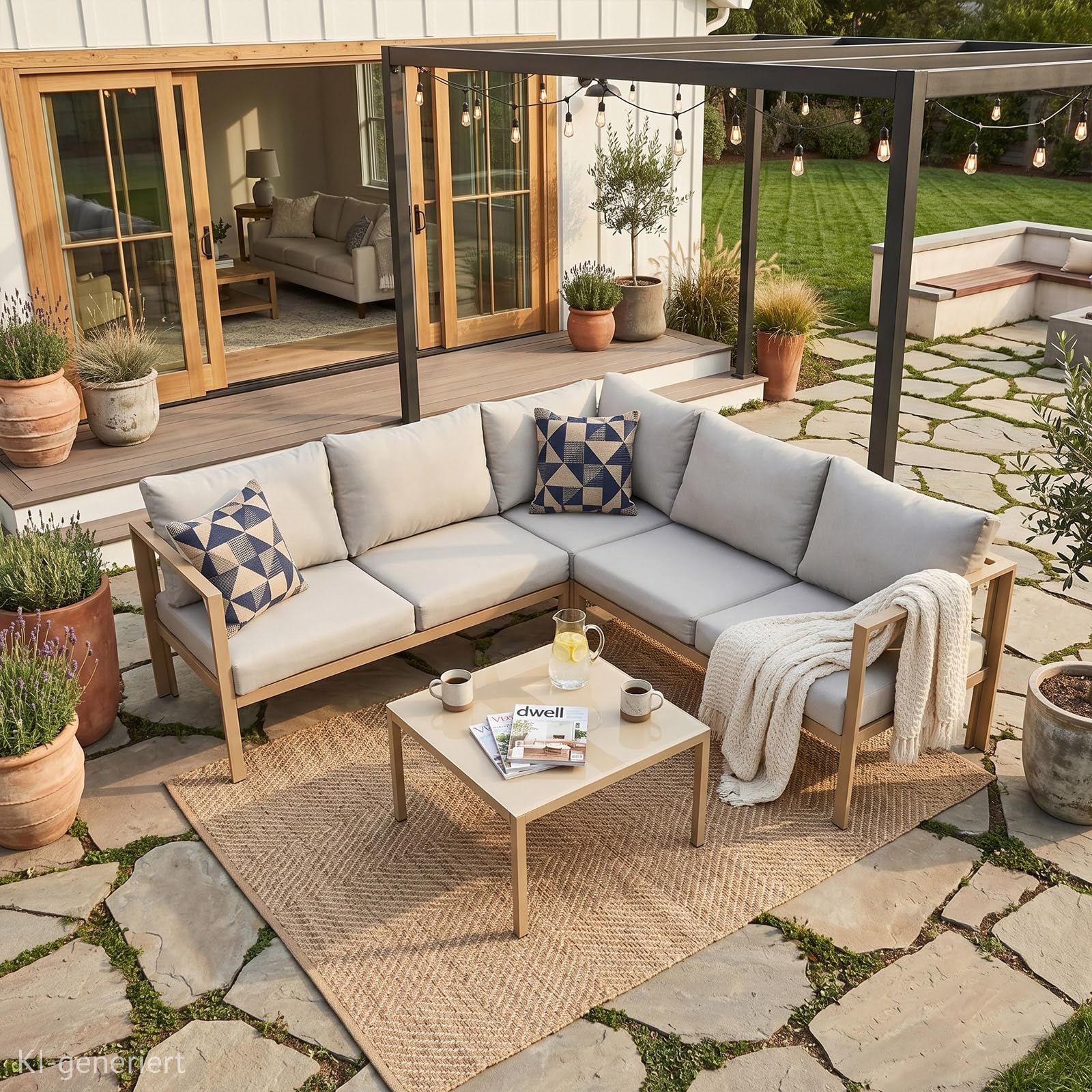 SVITA Missouri Gartenlounge 4-teiliges Outdoor Sofa Set aus verzinktem Stahl Ecklounge mit Tisch & Glasplatte 10cm Kissen für Terrasse Beige