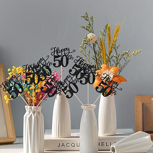 Vista 4 de Rsstarxi Paquete de 12 palitos de centro de mesa de cumpleaños número 50 para decoración de mesa de cumpleaños 50 para hombre, decoración de mesa