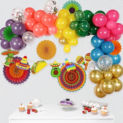 Decoraciones de fiesta  El arco de globos de fiesta del Cinco de Mayo incluye colorido cartel de fanáticos de papel para fiesta de Cinco de Mayo,