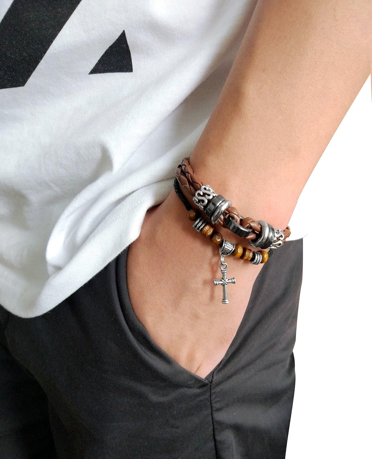 Suyi Multilayer Adjustable Leather Woven Braided Bangle Cross Bracelet Leaf Wrist Cuff Wristband Cross coffee