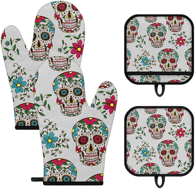 Death Sugar Skull Oven Mitts and Potholders, Non-Slip Heat Resistant Soft Lining Good Grip Oven Mitts Set for Cooking BBQ Baking Kitchen Microwave (4-Piece Set)