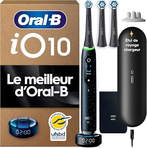 Oral-B Brosse à Dents Electrique iO 10 avec 3 Brossettes de Rechange, Noire – 7 Modes dont Blancheur et Soin des Gencives, Capteur de Pression, Batterie Rechargeable, Coach de Brossage, Etui