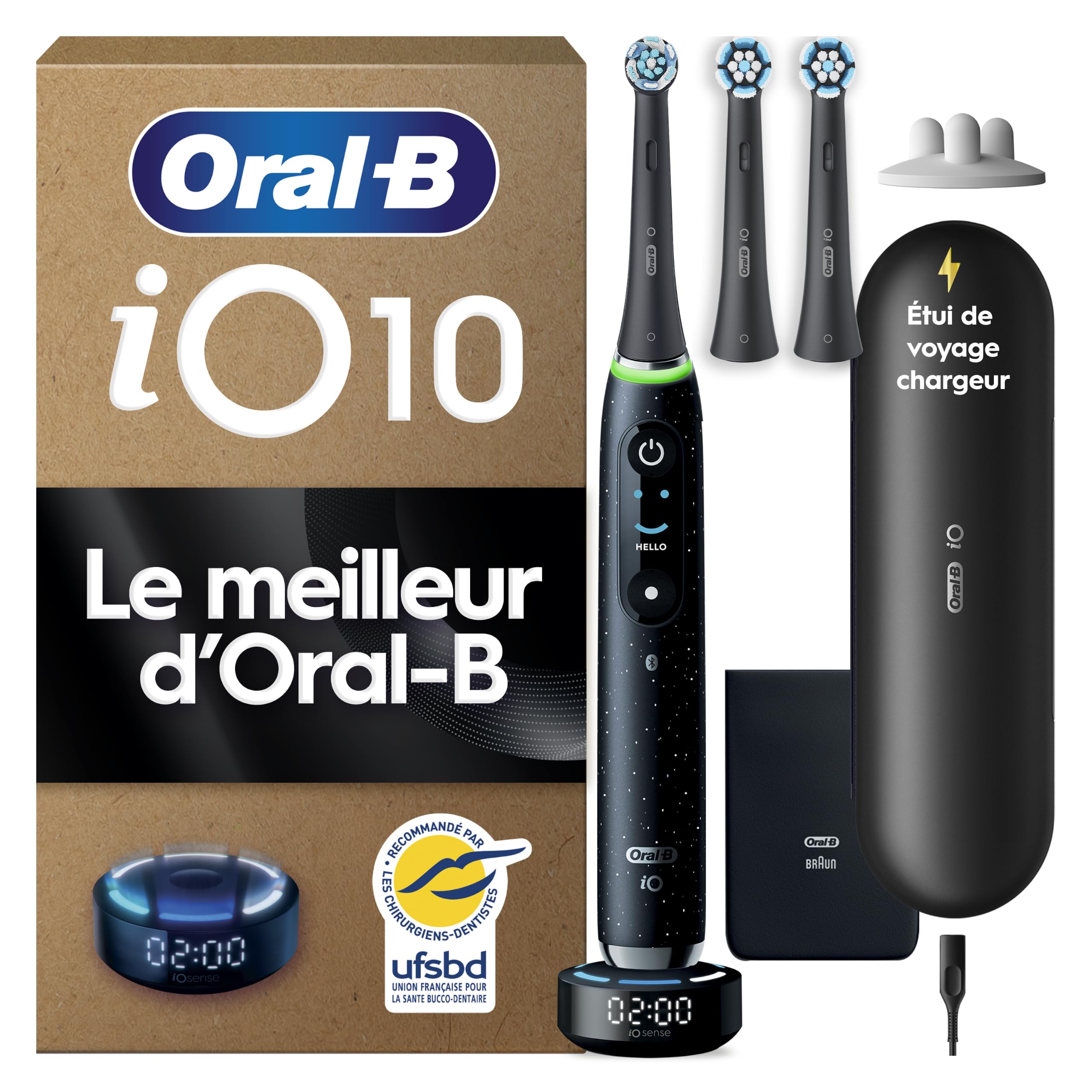 Oral-B Brosse à Dents Electrique iO 10 avec 3 Brossettes de Rechange, Noire | 7 Modes dont Blancheur et Soin des Gencives, Capteur de Pression, Batterie Rechargeable, Coach de Brossage, Etui
