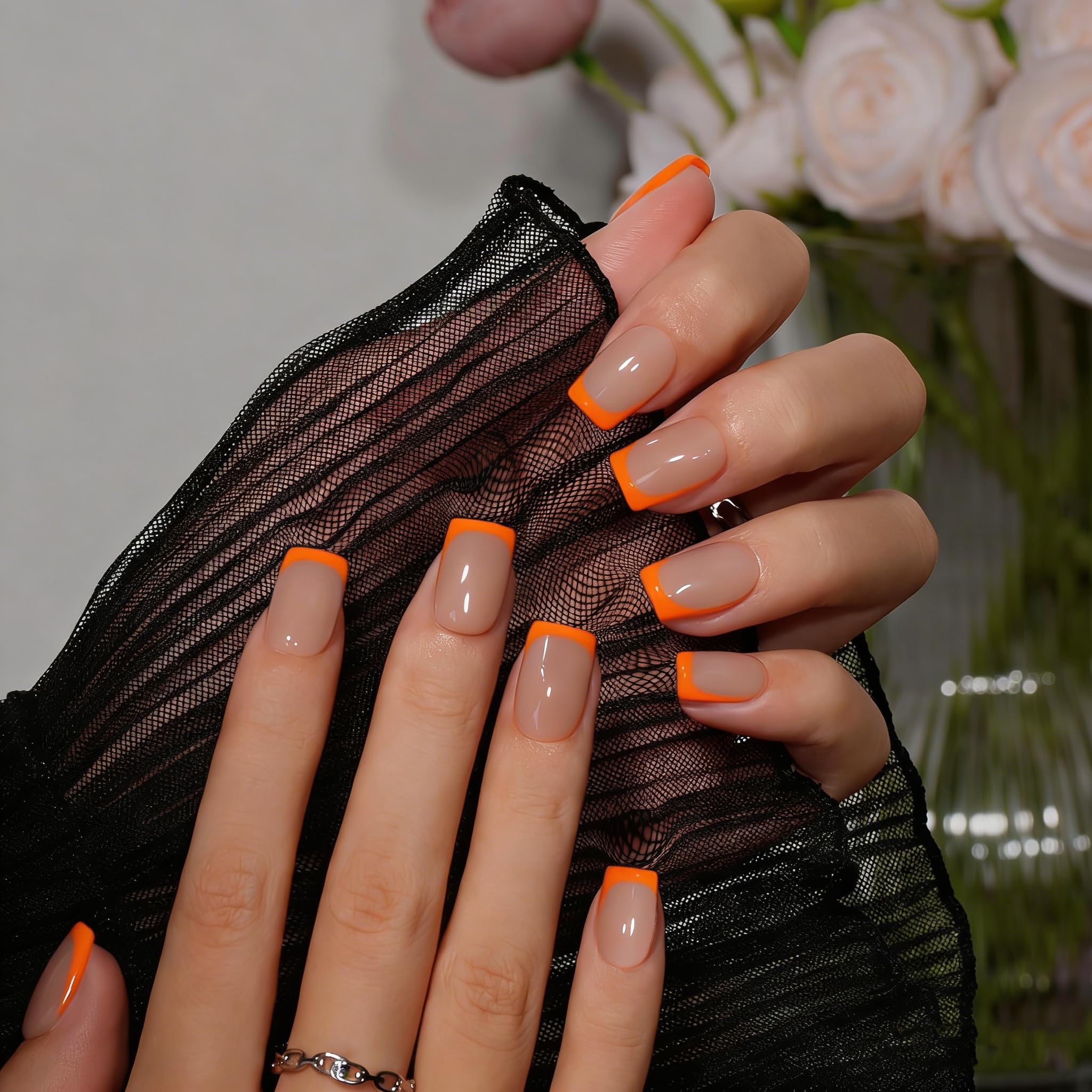 Neon Orange French Tip Press On Nails Short Square, 30 Pcs Acrylic Press On Nails With Glue, Natural Nude Short Fake Nails Press ons, Reusable Glossy Soft Gel Glue on Nails for Women