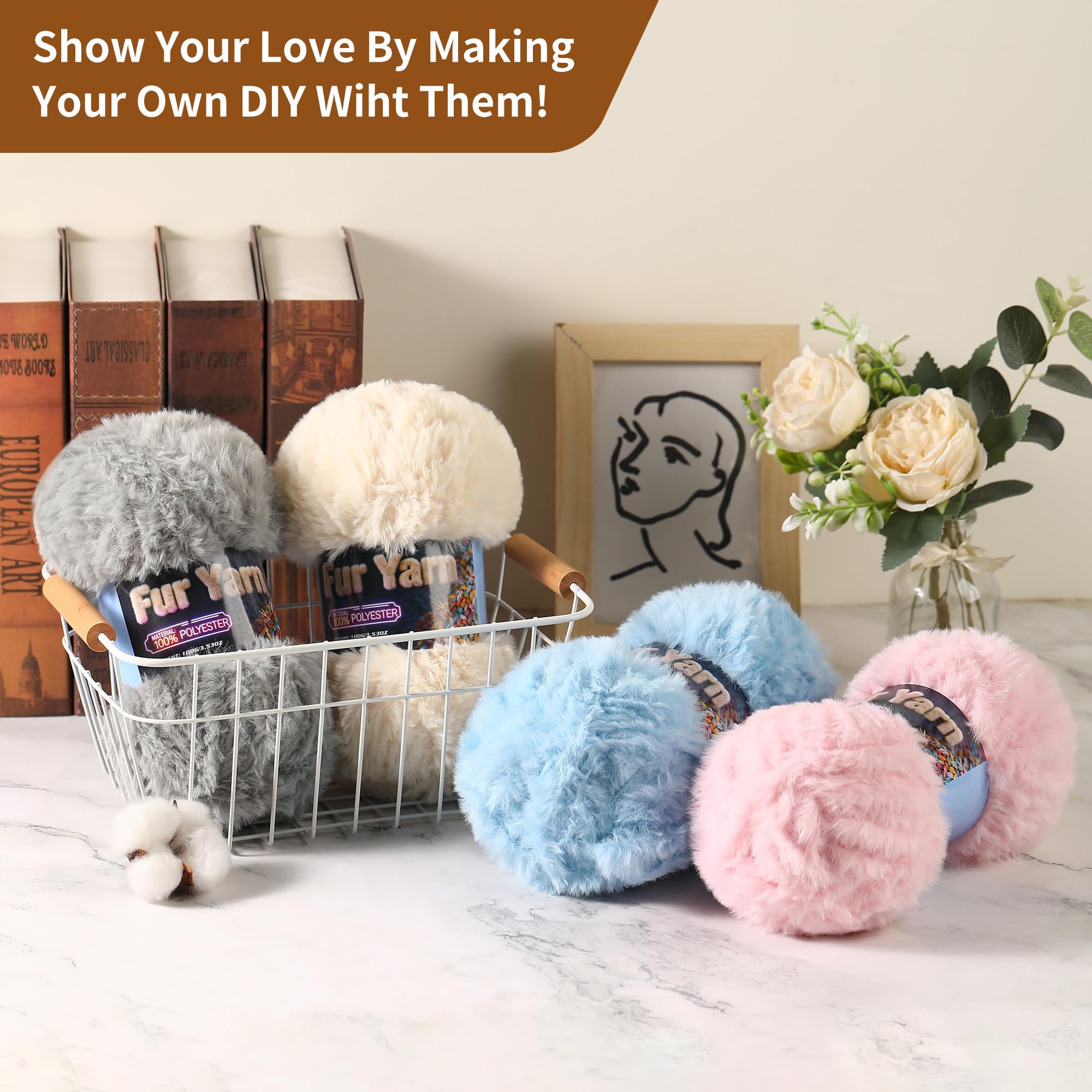 Faux Fur Yarn Soft Fluffy for Crocheting - 2 Skeins(Each 3.5oz/100g, 71yd/65m) - Chunky & Fluffy Yarn for Crochet Amigurumi, Blankets, Hand Knitting, Scarves &Crafts (2, Beige) — view 6
