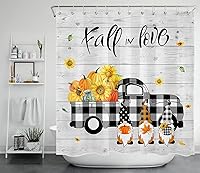 Vista 2 de LB Cortina de ducha de otoño con diseño de calabaza de girasol en blanco y negro a cuadros con gnomo en tablones de madera rústica cortinas de baño