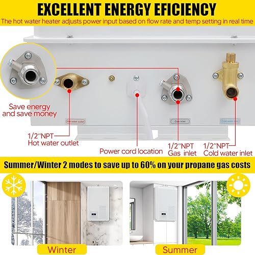 Vista 20 de Calentador de agua de propano sin tanque, 5.26 GPM 20L, calentador de agua caliente instantáneo de gas portátil para exteriores, con pantalla Negro