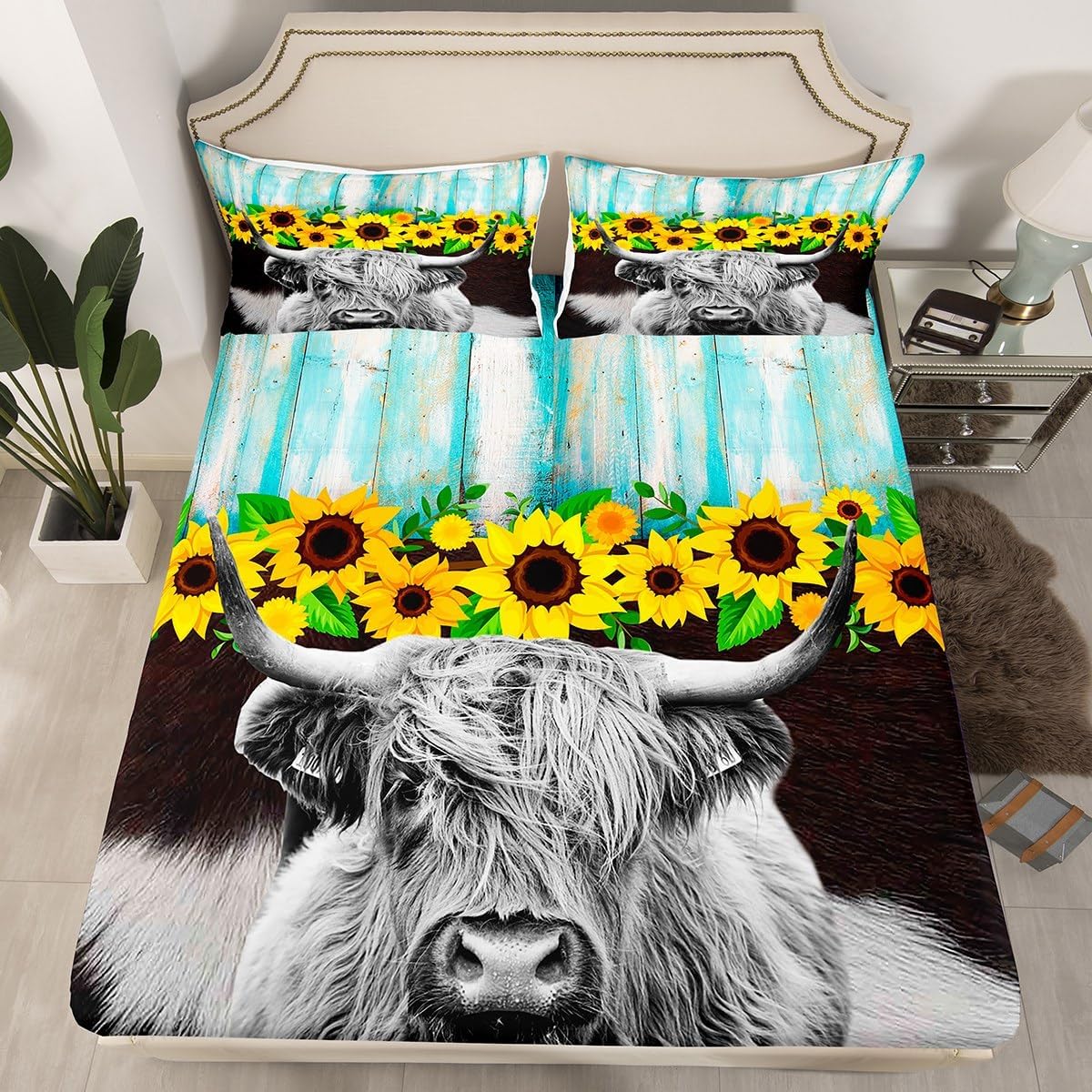 Erosebridal Highland Cow Flower Fitted Sheet 3 Pcs Rustic