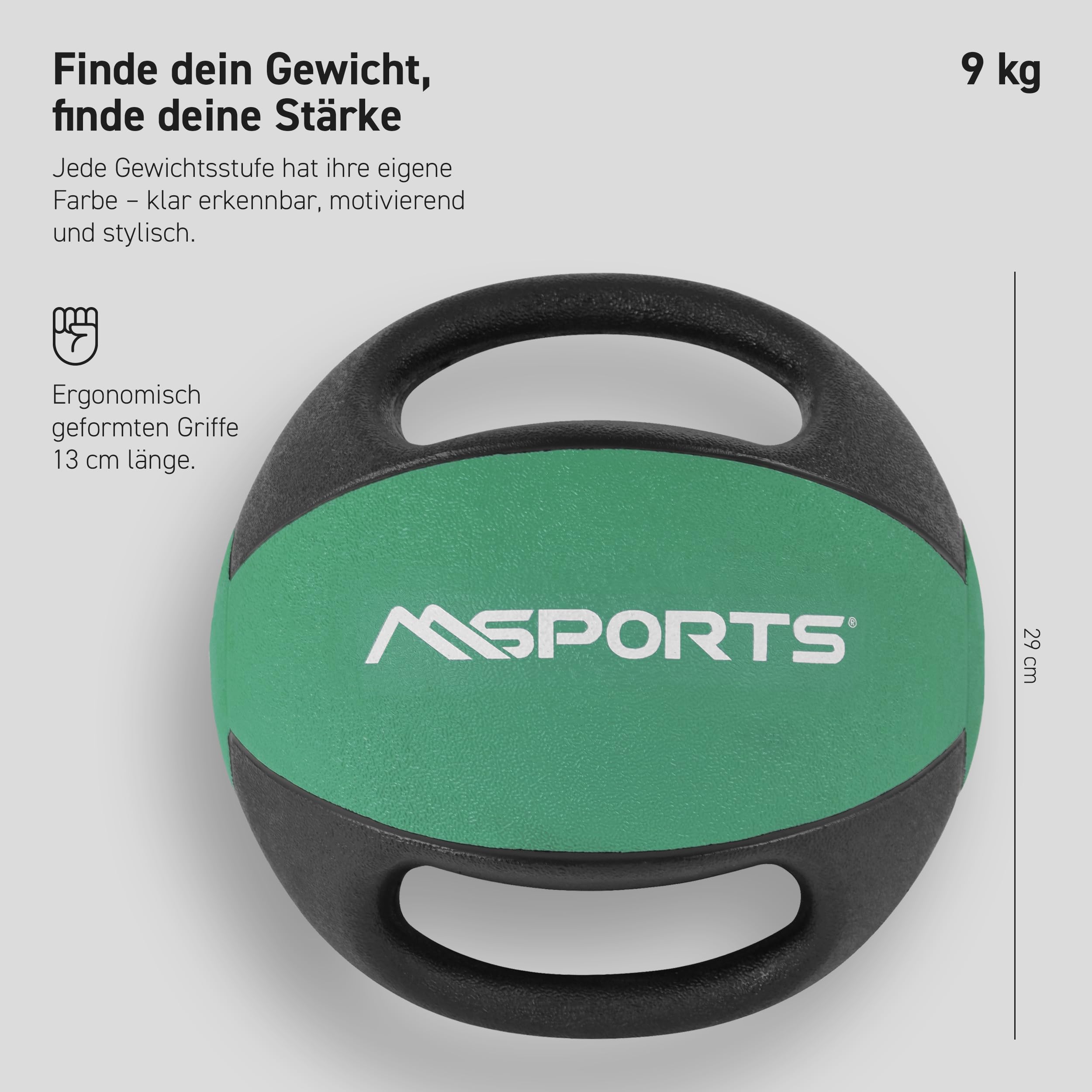 MSPORTS Piłka lekarska premium z uchwytami 1 – 10 kg – profesjonalna jakość do studia fitness piłki (9 kg – szmaragdowa zieleń)