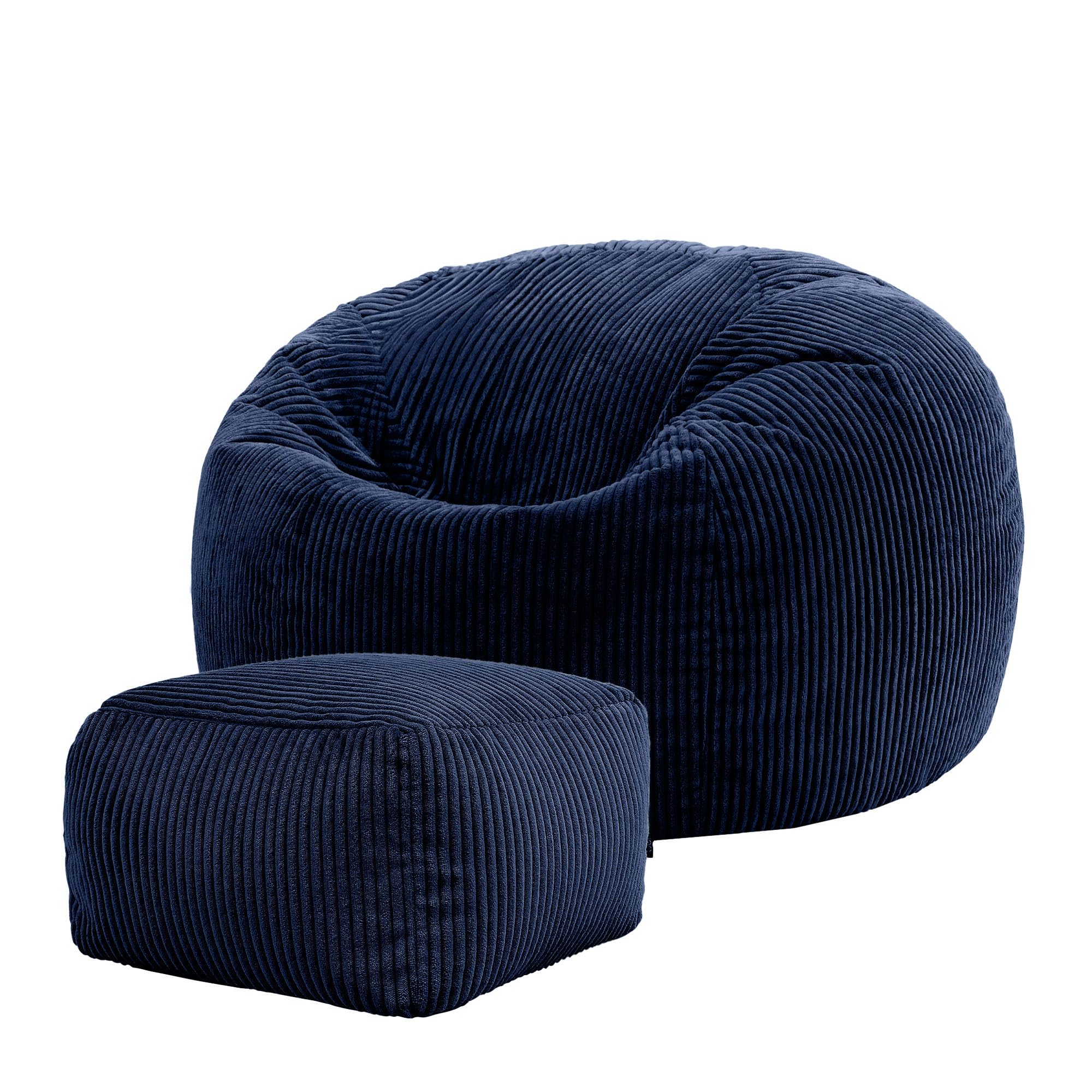 icon Kingston Cord Bean Bag with Footstool, Navy Blue, Large Adult Bean Bag Chair with Filling Included, Comfy Chair, Pouffe Footstool, Living Room Furniture, Bedroom Furniture