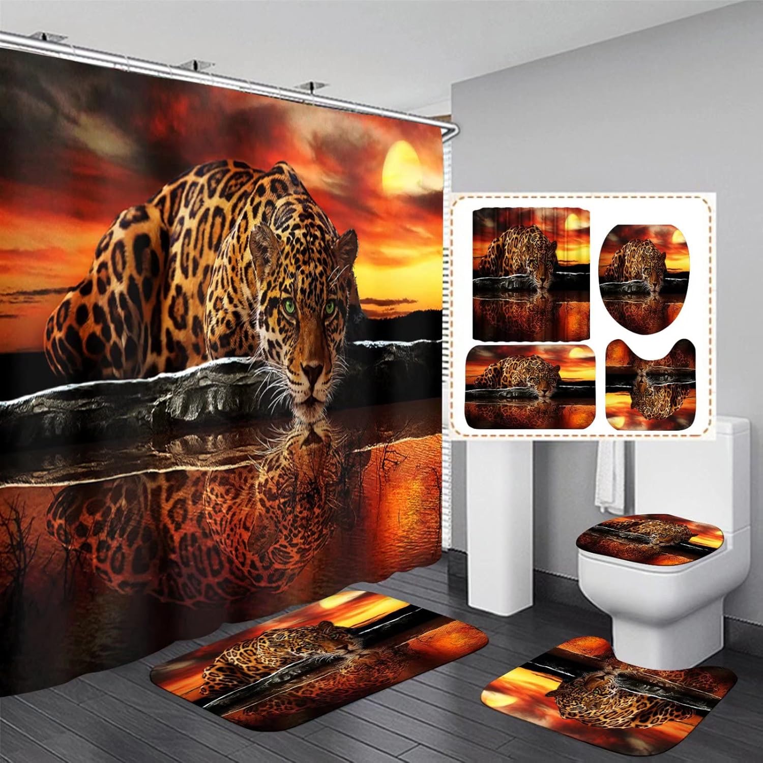 UFFAE 4 Pcs Leopard Shower Curtain Sets with Rugs