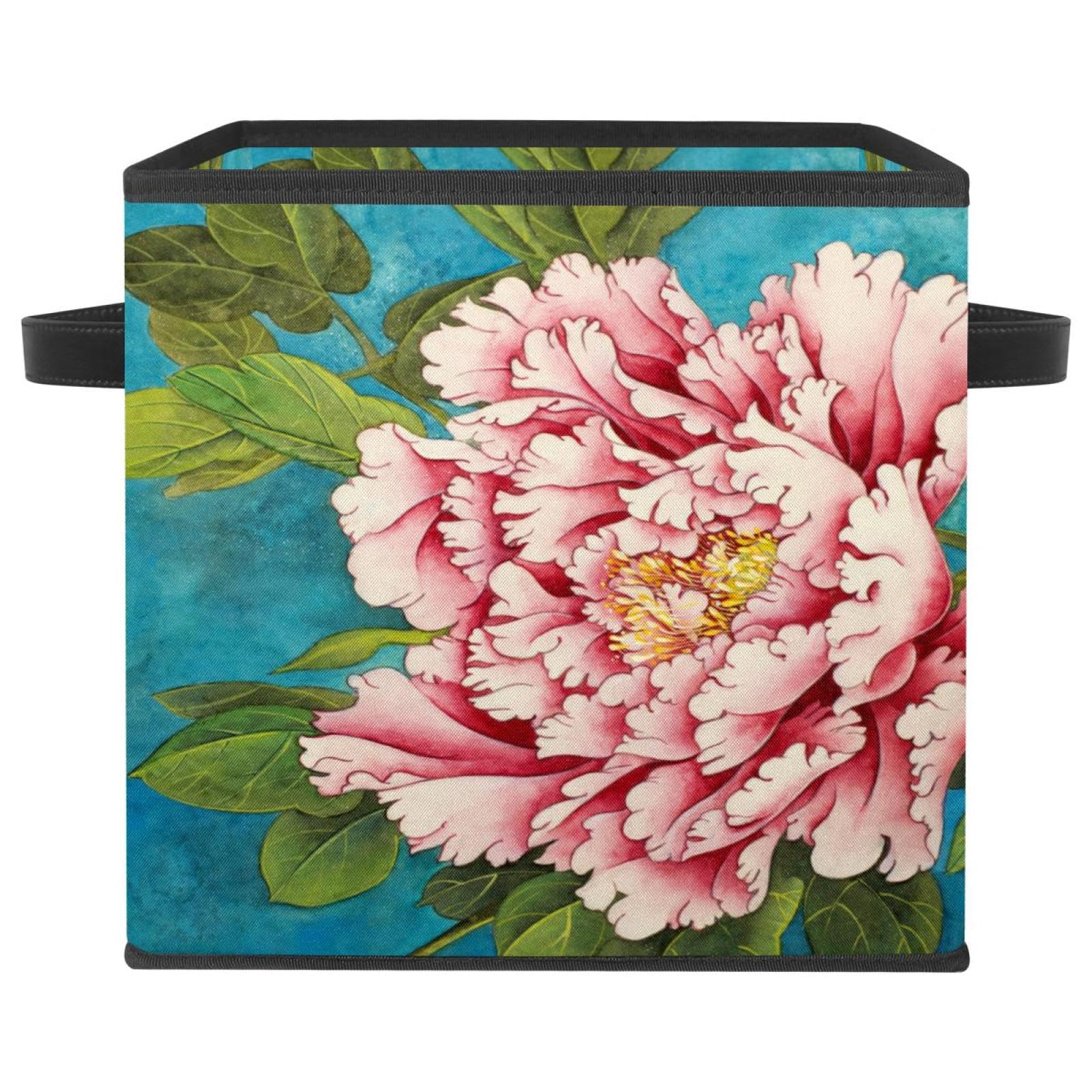 Boîte de rangement pliable cube motif pivoine rétro en tissu avec poignées