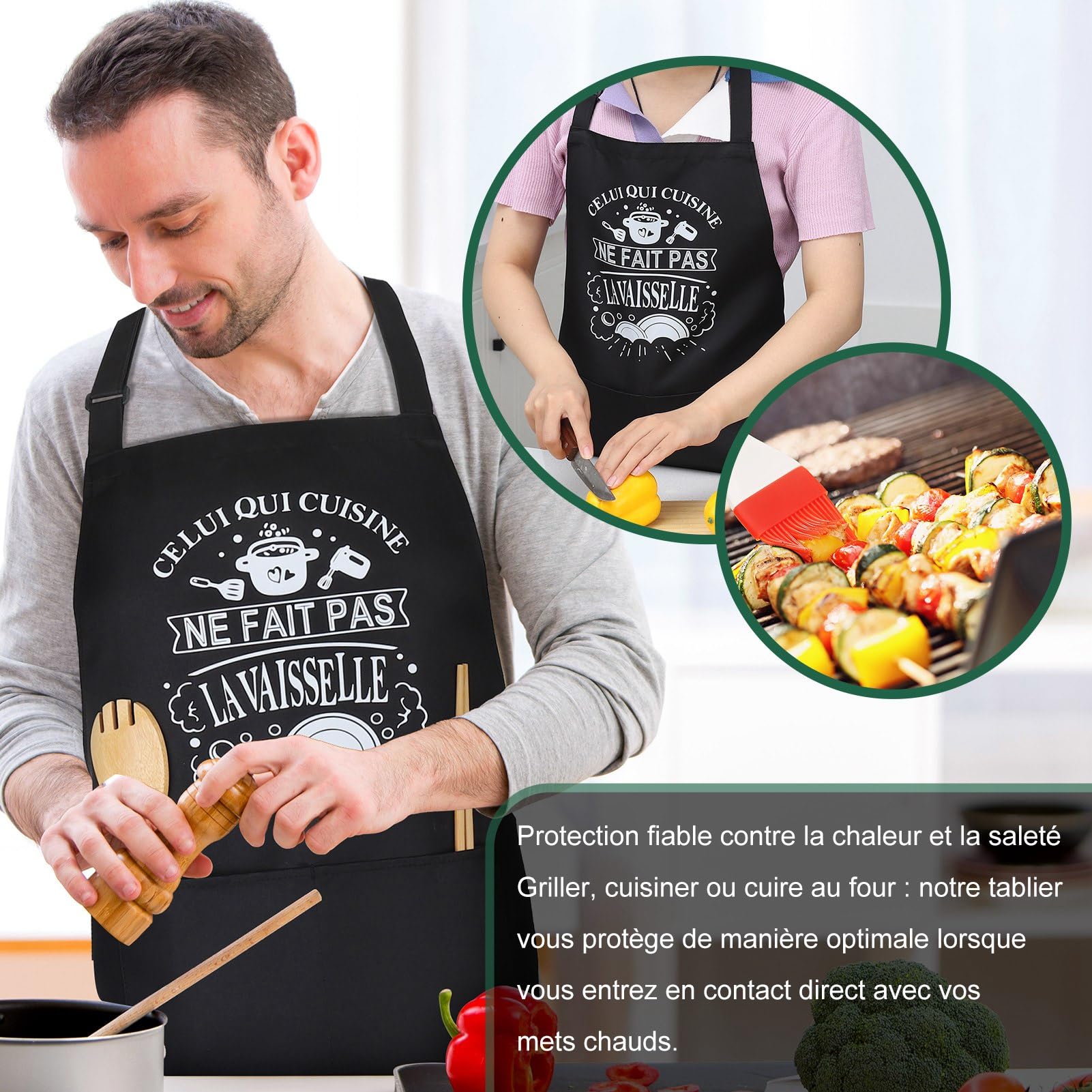 Tablier de Cuisine pour Homme, Tabliers de Cuisine Étanche Réglable Tablier Barbecue avec Poches Idée Cadeau Fête des pères