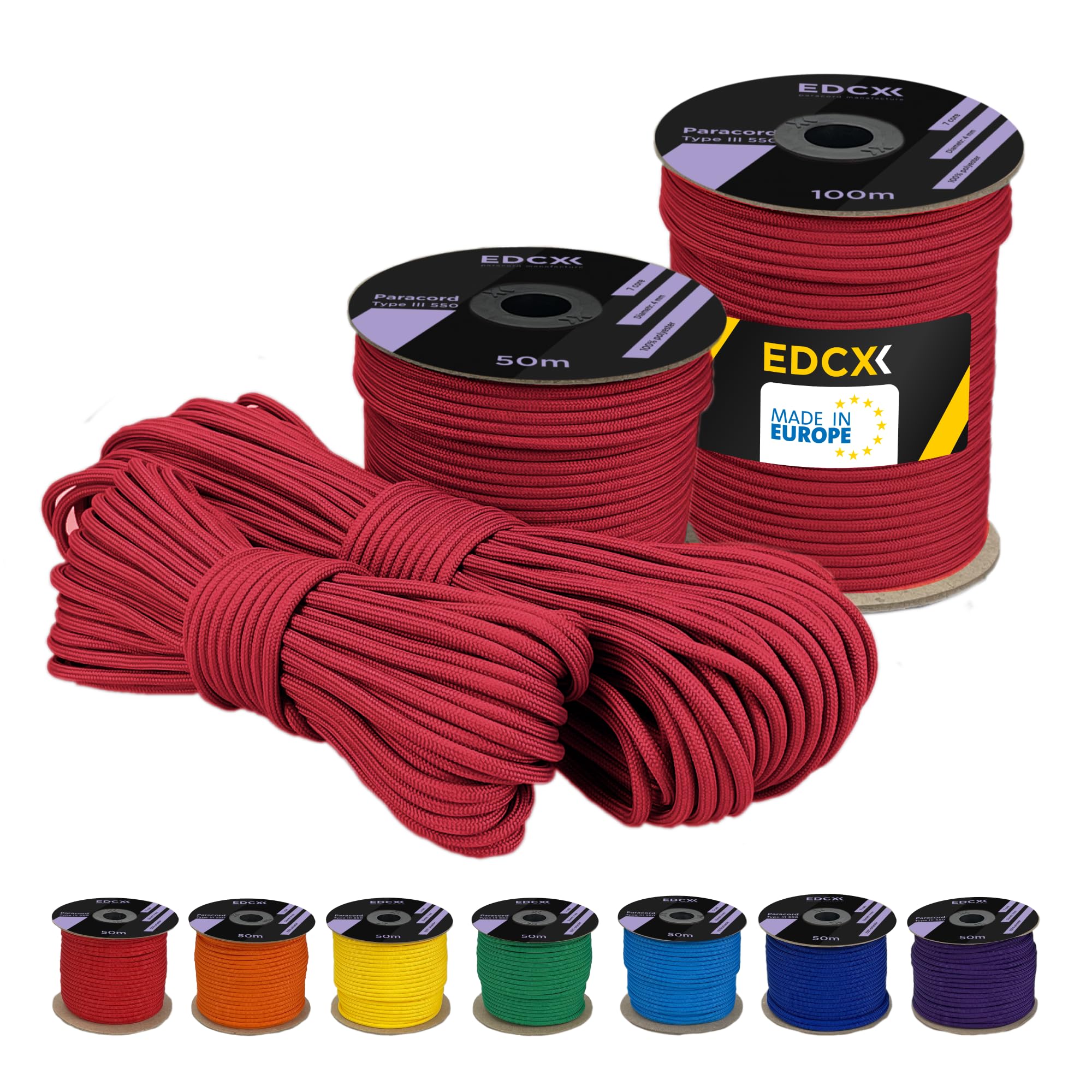 EdcX 4 mm Polyester Paracord 550 25+ Farben (15, 30 und 50 m) – Typ III, 100% Nylonseil, 7 Litzen Seil, 4mm Nylonseil in vielen Farben | Solid Colors (Red, 15 m)