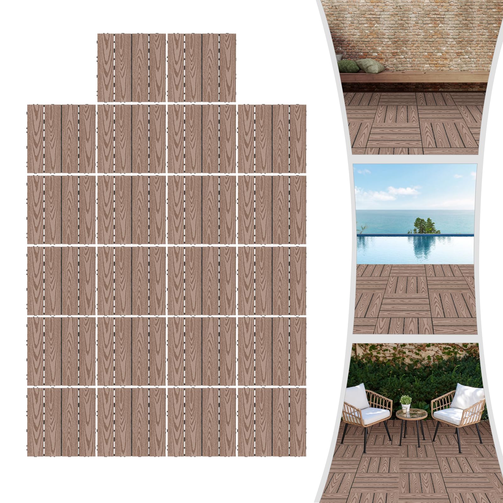 Baldosas de terraza de WPC, azulejos de clic para terraza y balcón, 30 x 30 cm, color marrón. Con drenaje, 22 unidades (aprox. 2 m²) como revestimiento de suelo resistente a la intemperie, para balcón