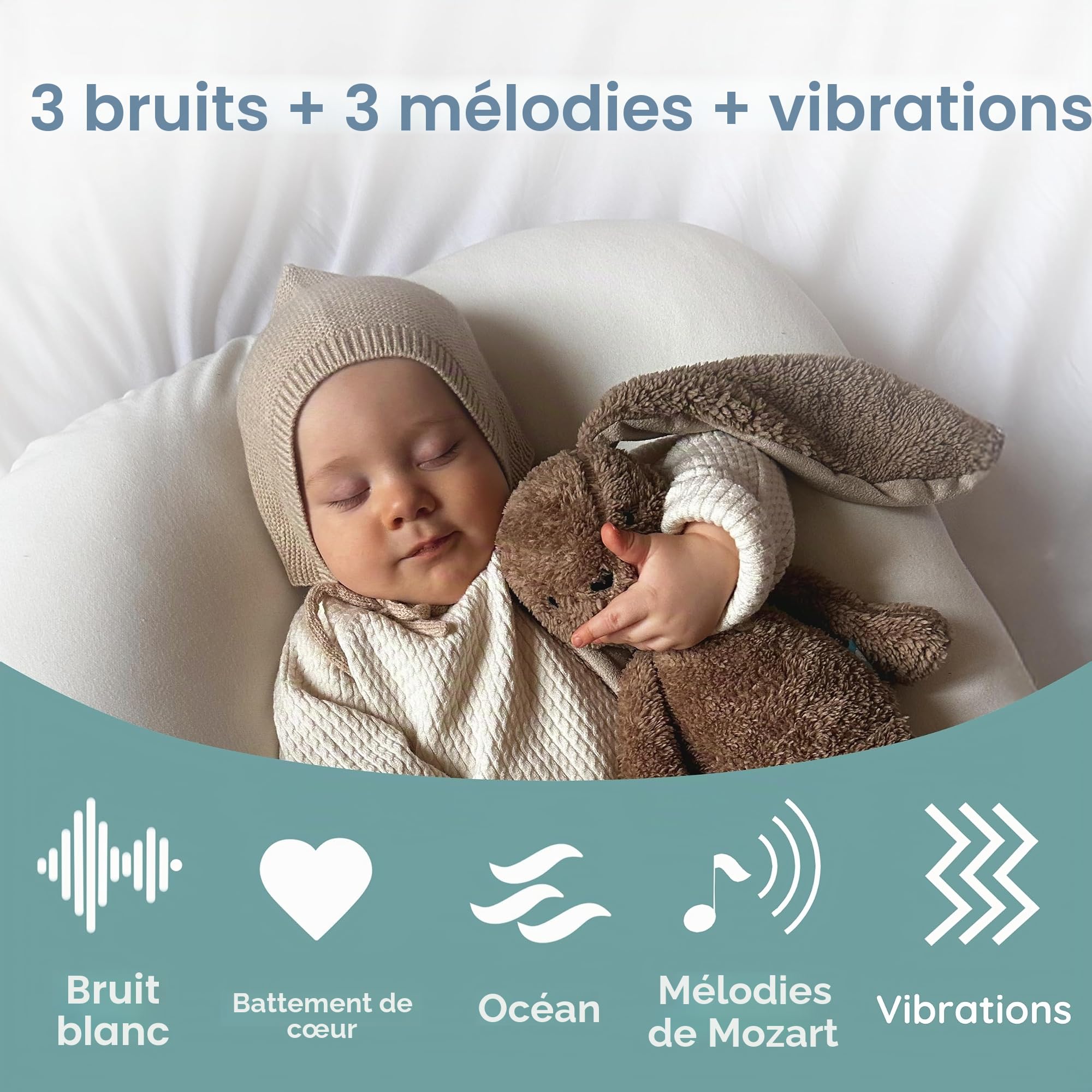 myHummy Doudou Bunny marron Duo avec application – Berceuses et vibration du rythme cardiaque