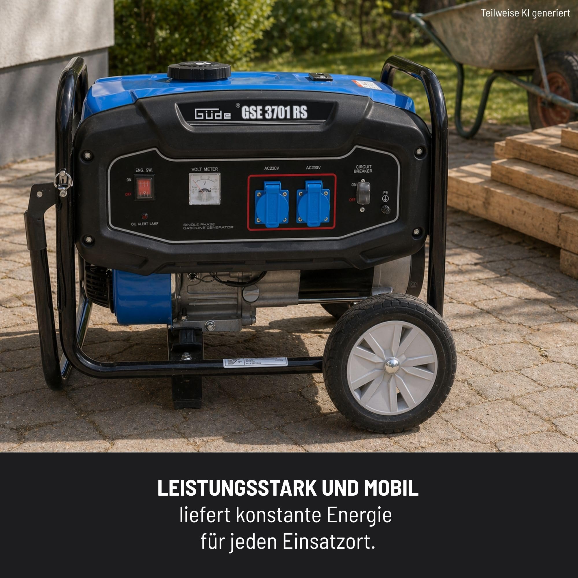 Güde Stromerzeuger GSE 3701 RS (4-Takt Motor, Benzin, 4/5,5 (kW/PS), 2x 230 V Steckdosen, max. 2800 W, Laufzeit bis 16 h, Tank 15 L, AVR, Überlastungsschutz, Fahrwerk, TÜV/GS, TEST GUT- SEHR GUT)