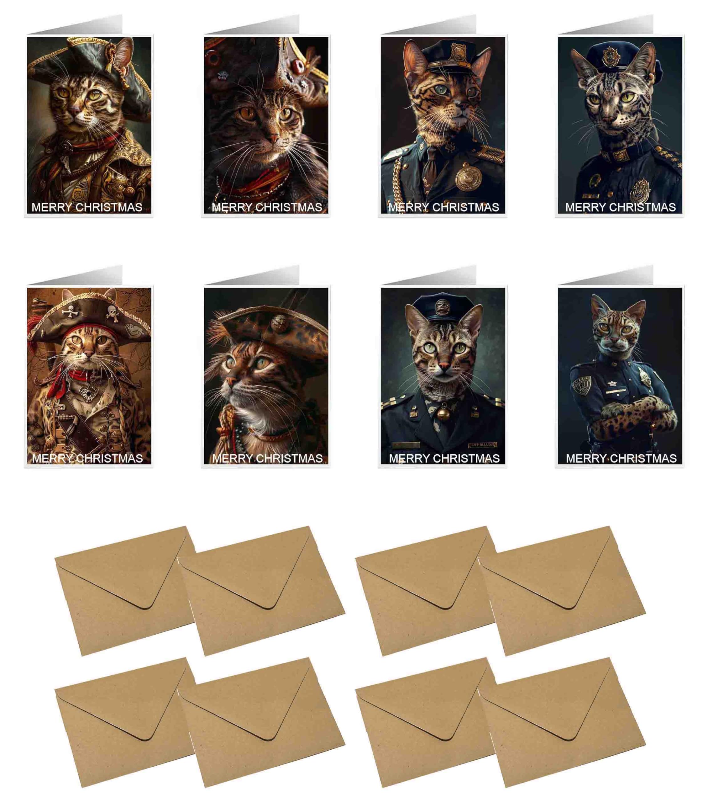 Frohe Weihnachtskarten, lustige, realistische Tierkunst, Set mit 8 Grußkarten und 8 Umschlägen, Größe 105 x 148,5 mm (ägyptische Mau-Katze, Polizist, ägyptische Mau-Katze, Pirat)