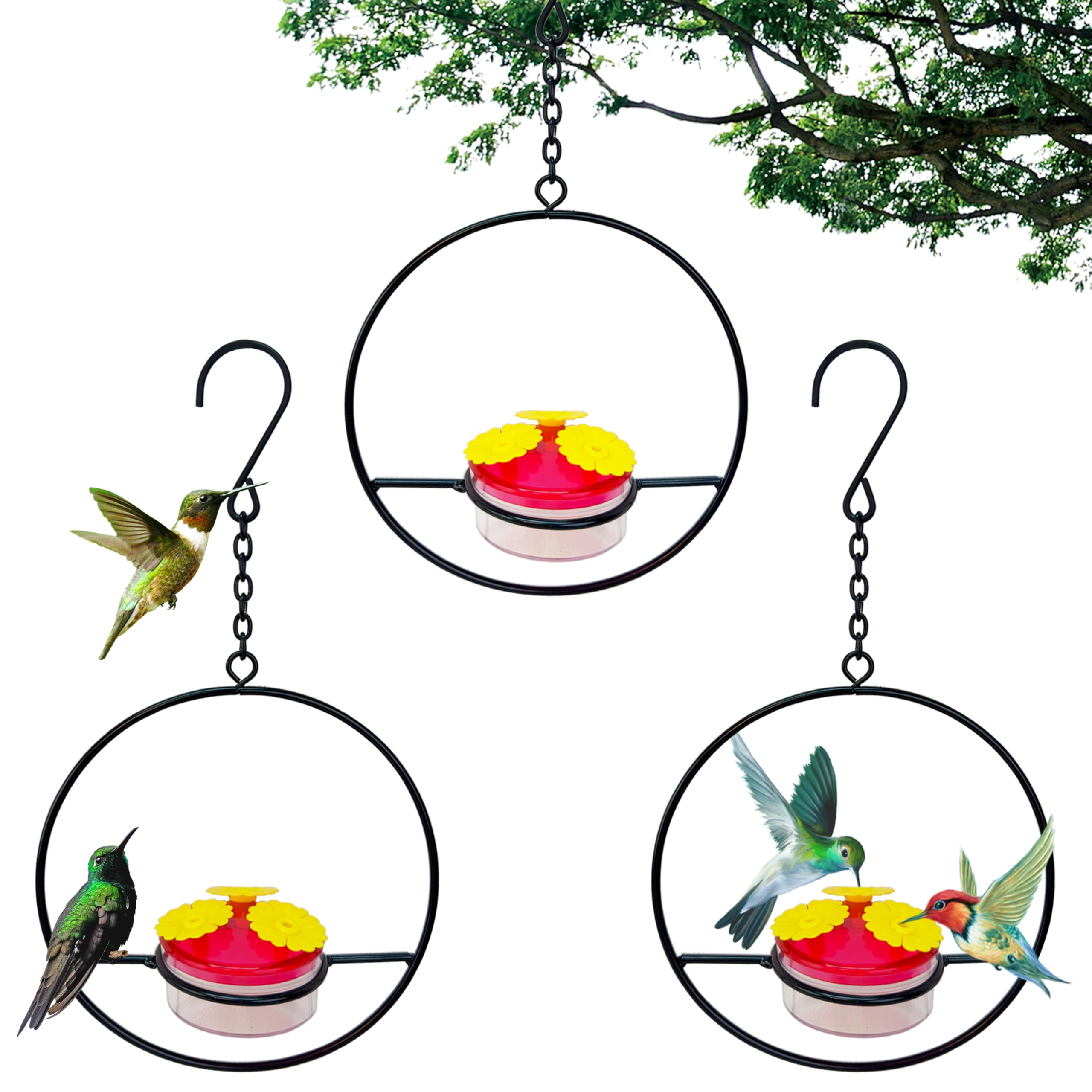 Photo 1 of 3 Pcs Hanging Hummingbird Feeder, Stackable Hanging Humming Bird Feeder with Metal Frame & Red Plastic Bowl, Easy to Clean and Refill, for Outside Garden Backyard Patio Outdoors Tree Circular