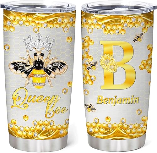 Vista 18 de Hyturtle Bee Gifts - Vaso de abeja personalizado con inicial con monograma con nombre de acero inoxidable, vasos aislados de acero inoxidable, taza