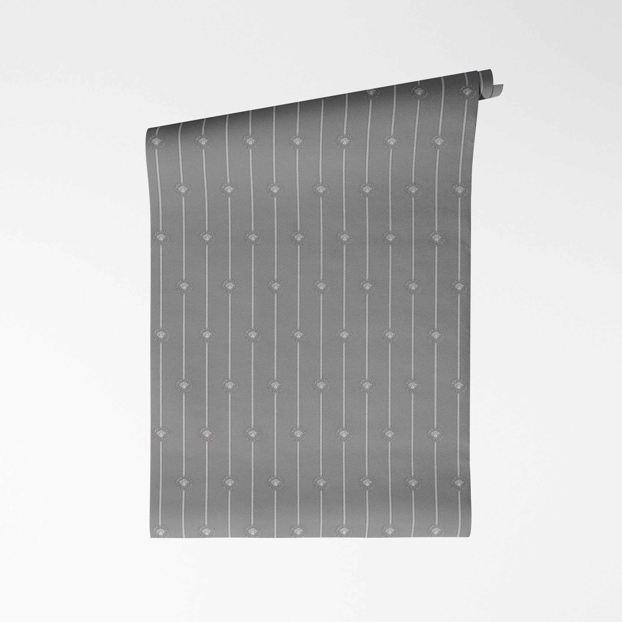 Papier peint intissé rayures tête de Méduse gris argent métallisé 10,05x0,70m