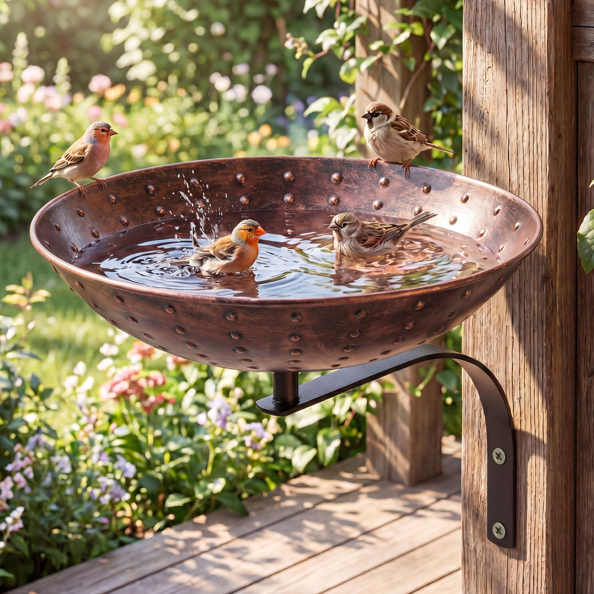 Photo 1 of Dunkive Bird Bath Fountain for Outside, Hammered Copper Wall Mount BirdBath Bowl with Heavy Duty Wrought Iron Bracket for Deck Fence Post Garden Decor, Outdoor Bird Water Feeder Wide Rim for Perching