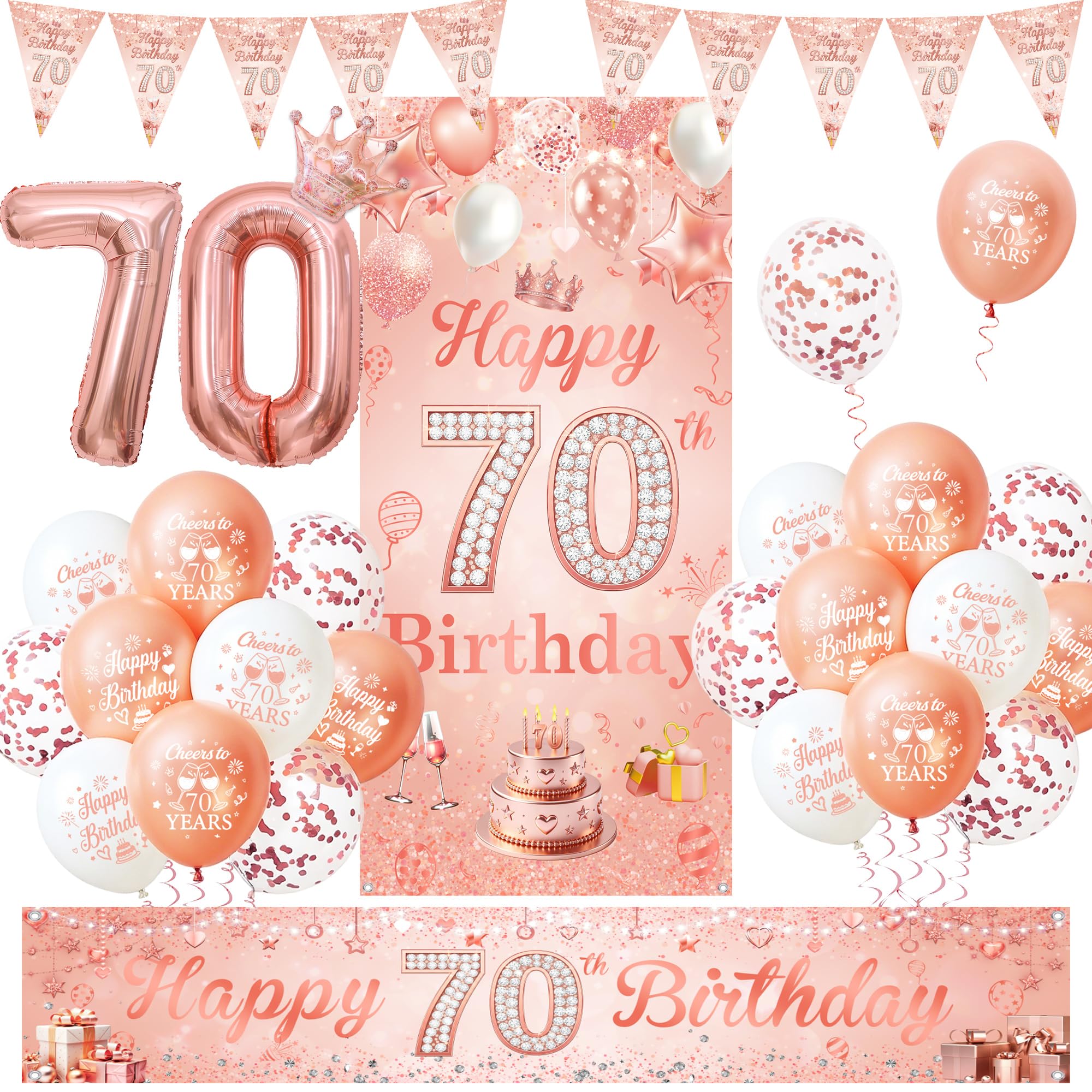 70th Birthday Decorations for Women, Rose Gold Happy 70th Birthday Banner