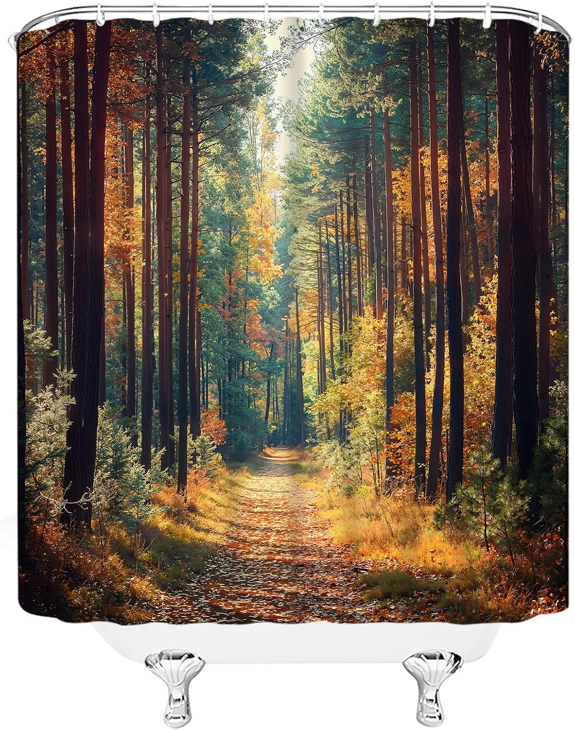 Fall Forest Shower Curtain Autumn Golden Maple Leaves Tree Sunset Road Nature Season Landscape 70" Wx84 H Fabric Bathroom Decor Curtain with Hooks